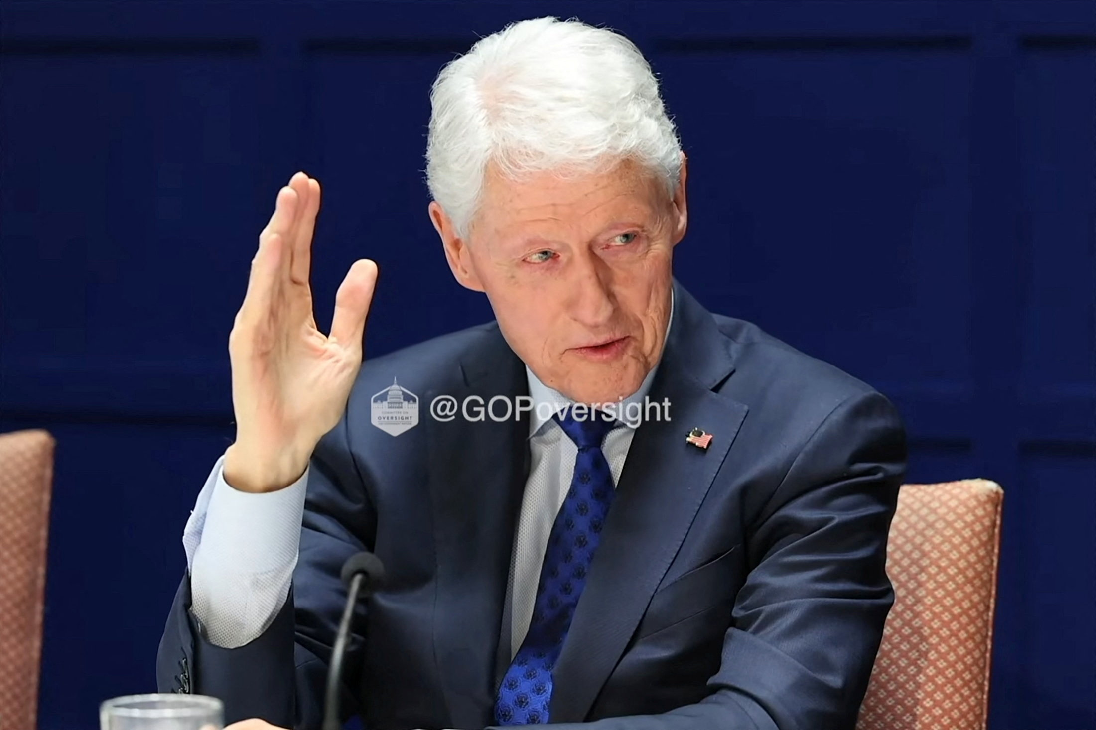 Former U.S. President Bill Clinton takes the oath as he testifies behind closed doors to a congressional panel about his ties to the late sex offender Jeffrey Epstein, in a still image from video taken in Chappaqua, New York, U.S. February 27, 2026. GOP Oversight/Handout via REUTERS THIS IMAGE HAS BEEN SUPPLIED BY A THIRD PARTY. WATERMARK FROM SOURCE