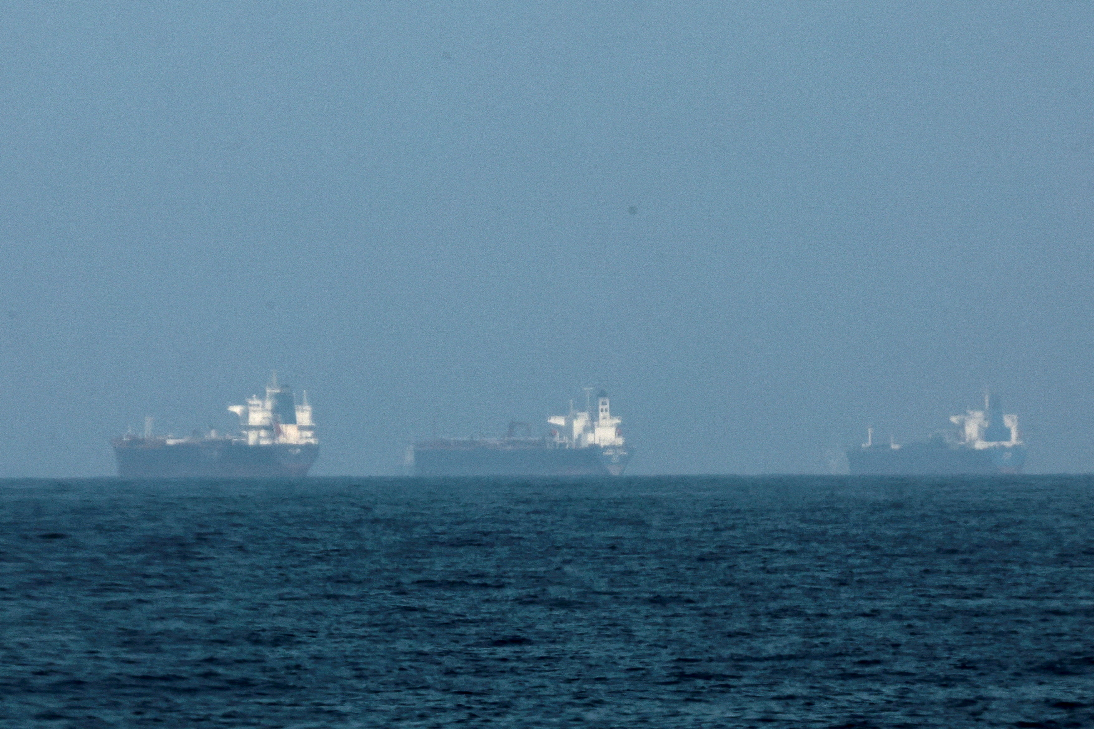 Tankers are seen off the coast of Fujairah, as Iran vows to fire on ships transiting the Strait of Hormuz,