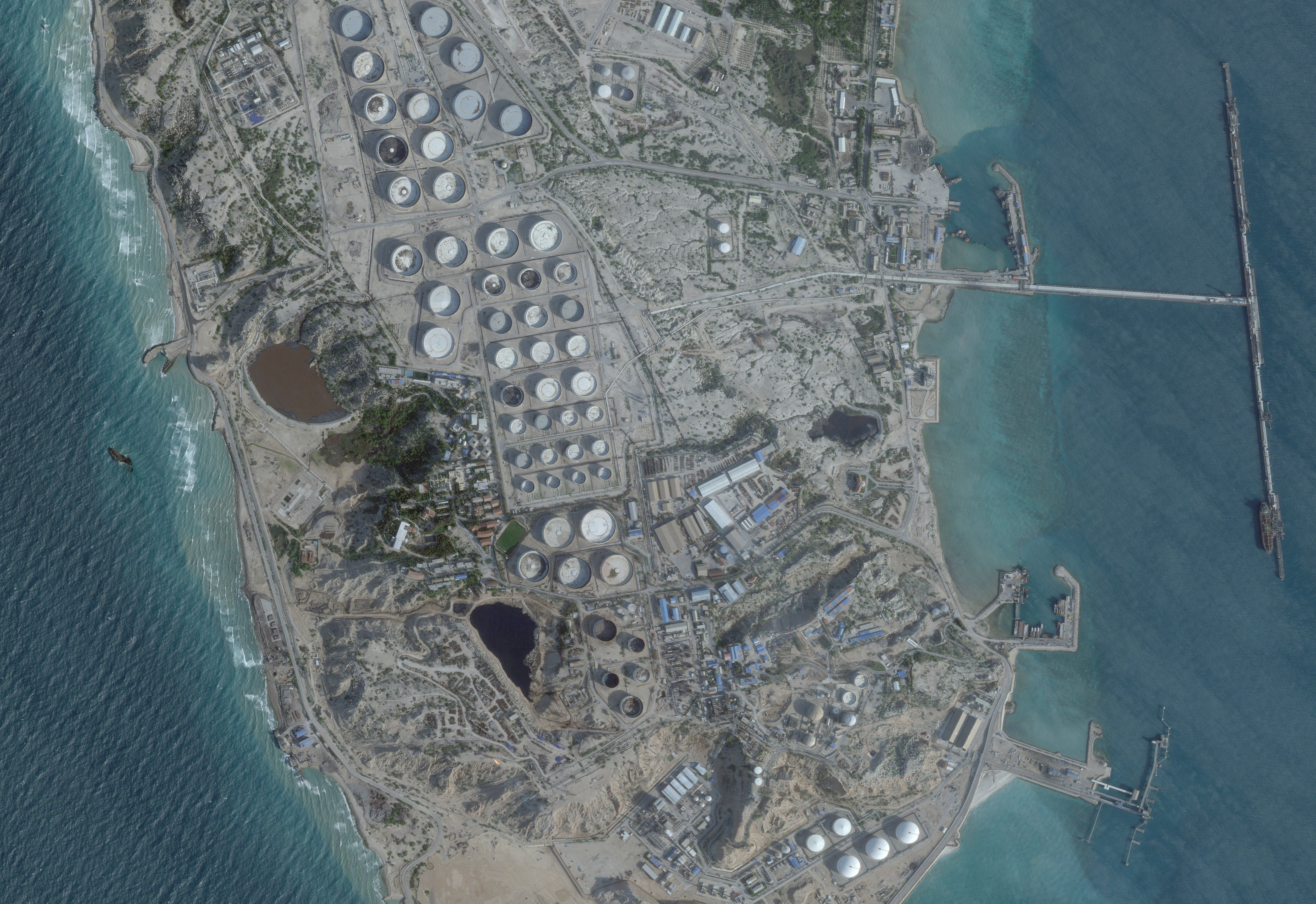 A satellite image shows an oil terminal at Kharg island, Iran.