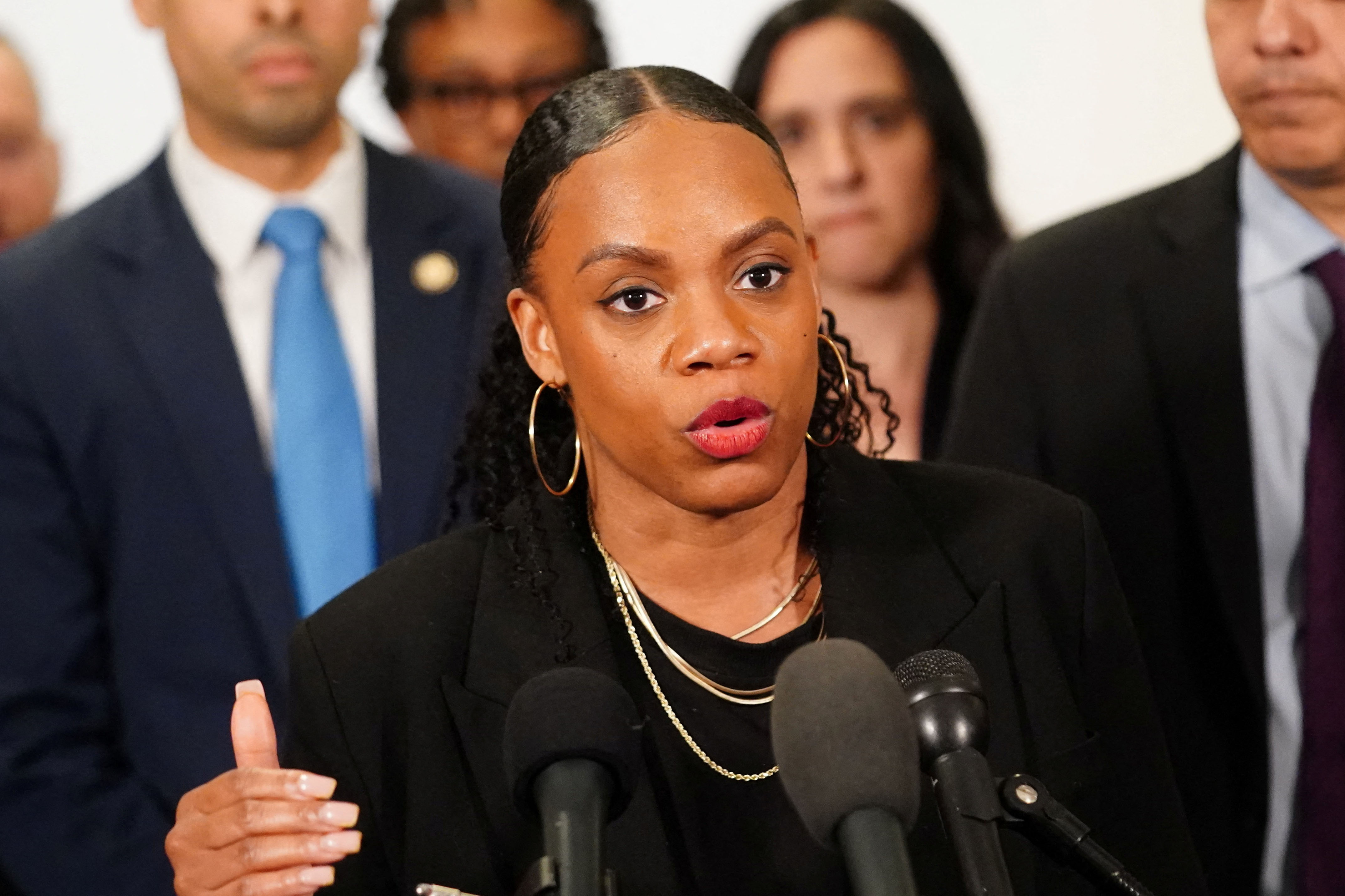 U.S. Rep. Summer Lee (D–PA) speaks to the media following a closed-door briefing for members of the House Oversight and Government Reform Committee, on the Justice Department's handling of the Epstein investigation and compliance with the Epstein Files Transparency Act on Capitol Hill in Washington, D.C., U.S., March 18, 2026. [Nathan Howard/Reuters]