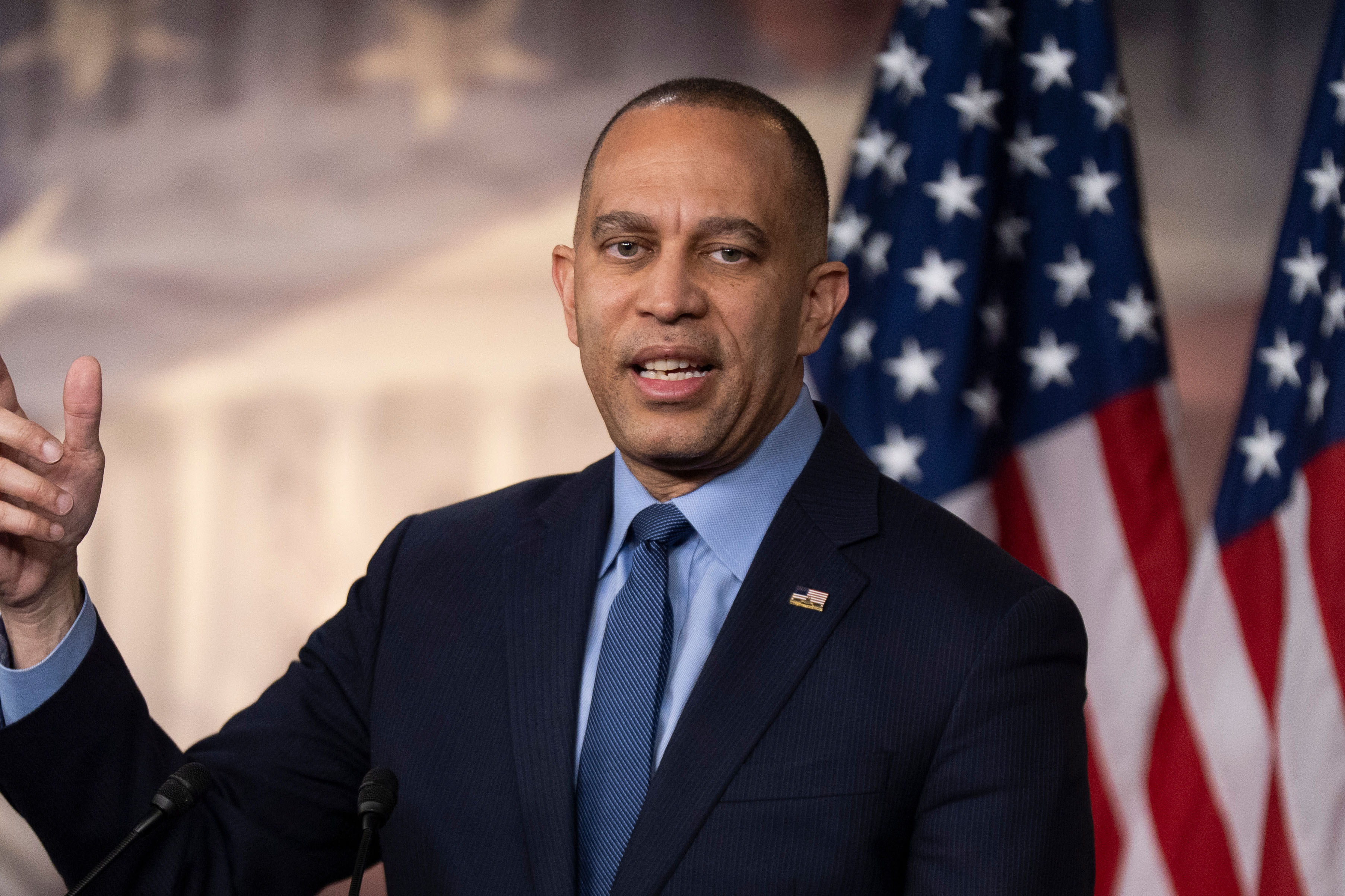 House Minority Leader Hakeem Jeffries, D-N.Y., speaks to reporters during a news conference on Capitol Hill in Washington, Tuesday, March 3, 2026. [Manuel Balce Ceneta/AP Photo]