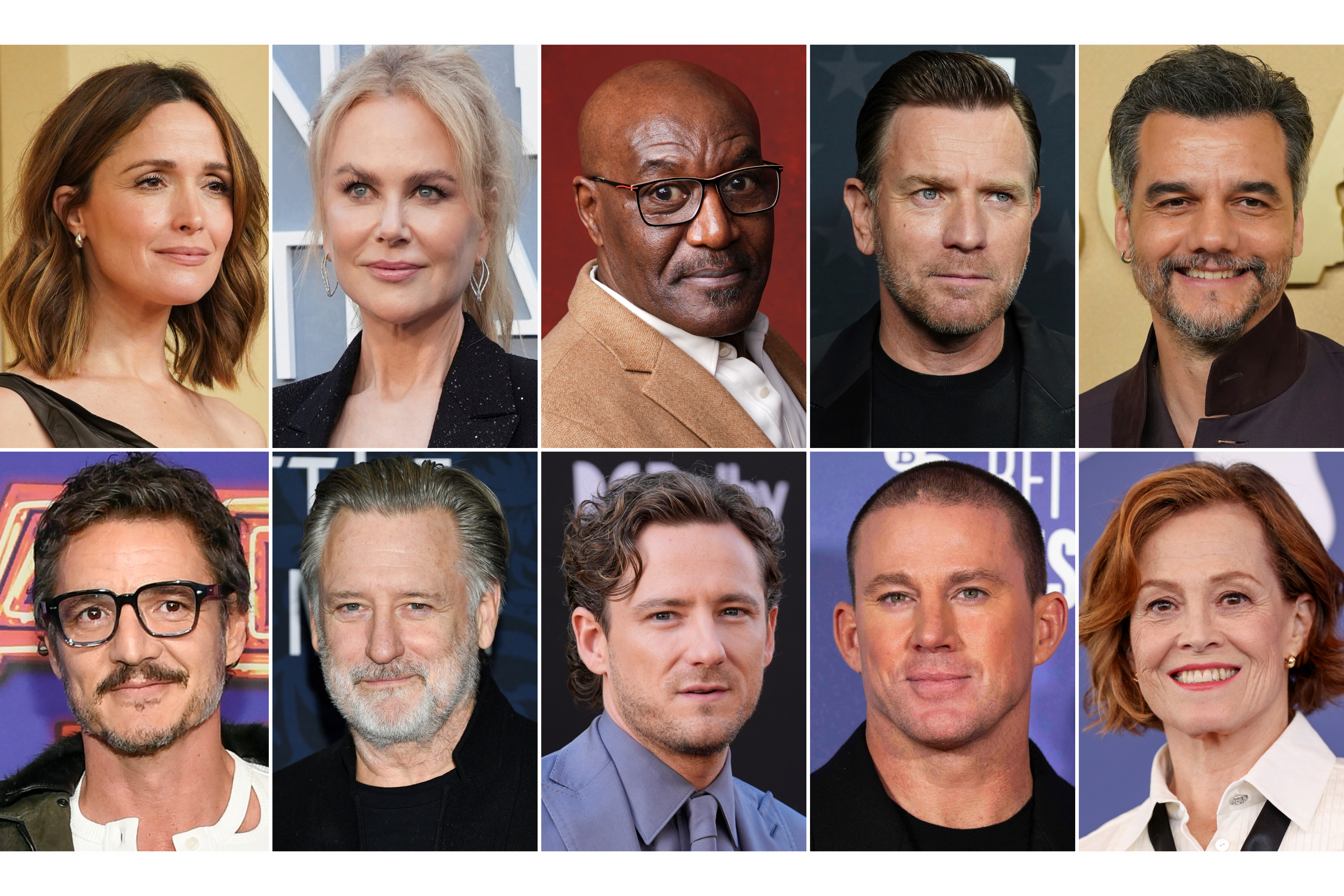 This combination of photos show, top row from left, Rose Byrne, Nicole Kidman, Delroy Lindo, Ewan McGregor and Wagner Moura, bottom row from left, Pedro Pascal, Bill Pullman, Lewis Pullman, Channing Tatum, and Sigourney Weaver.