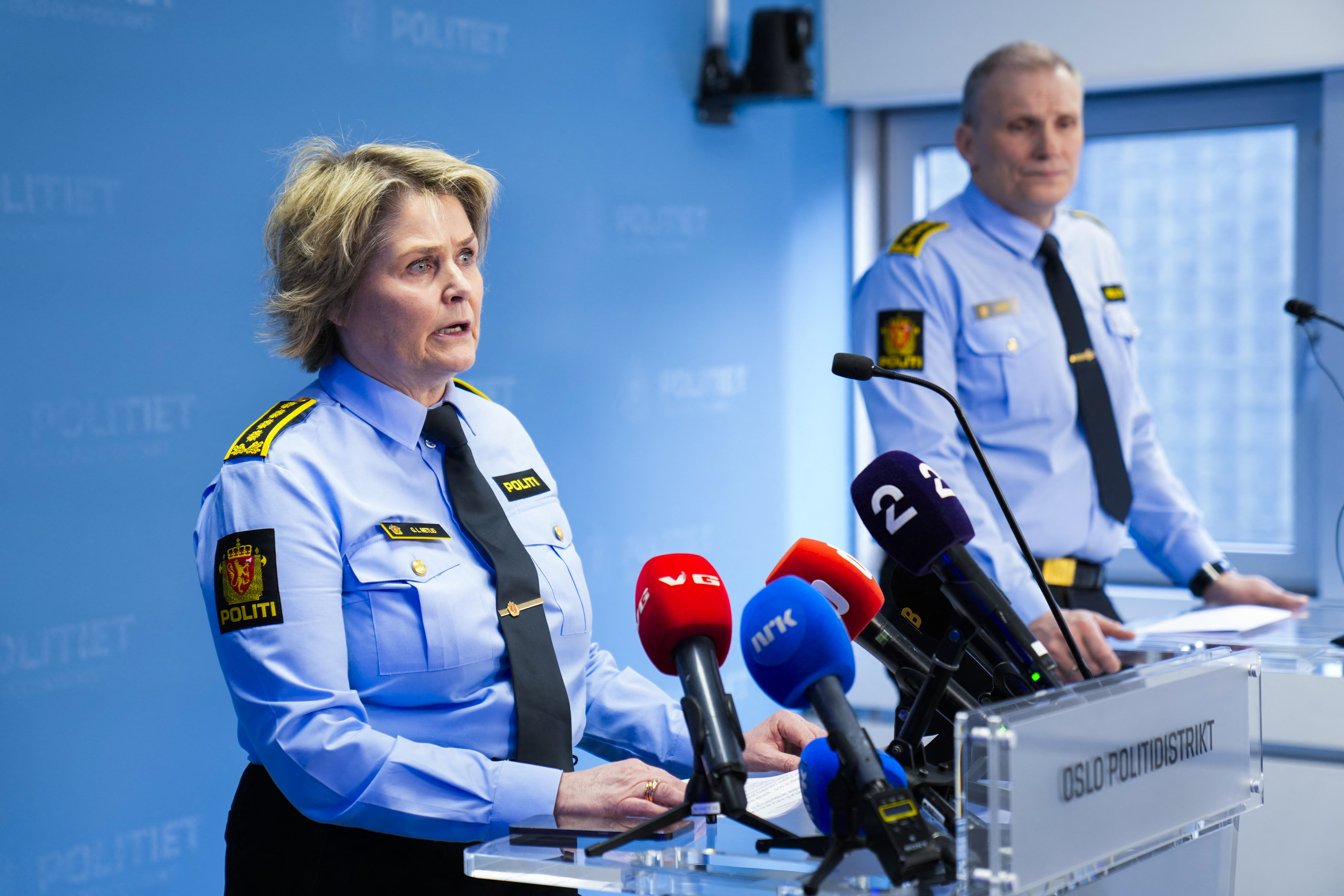 Grete Lien Metlid (L), head of the police's Joint Unit for Operational Service, and Frode Larsen, head of the Joint Unit for Investigation and Intelligence, give a press conference in connection with an explosion at the US Embassy in Oslo, on March 8, 2026.