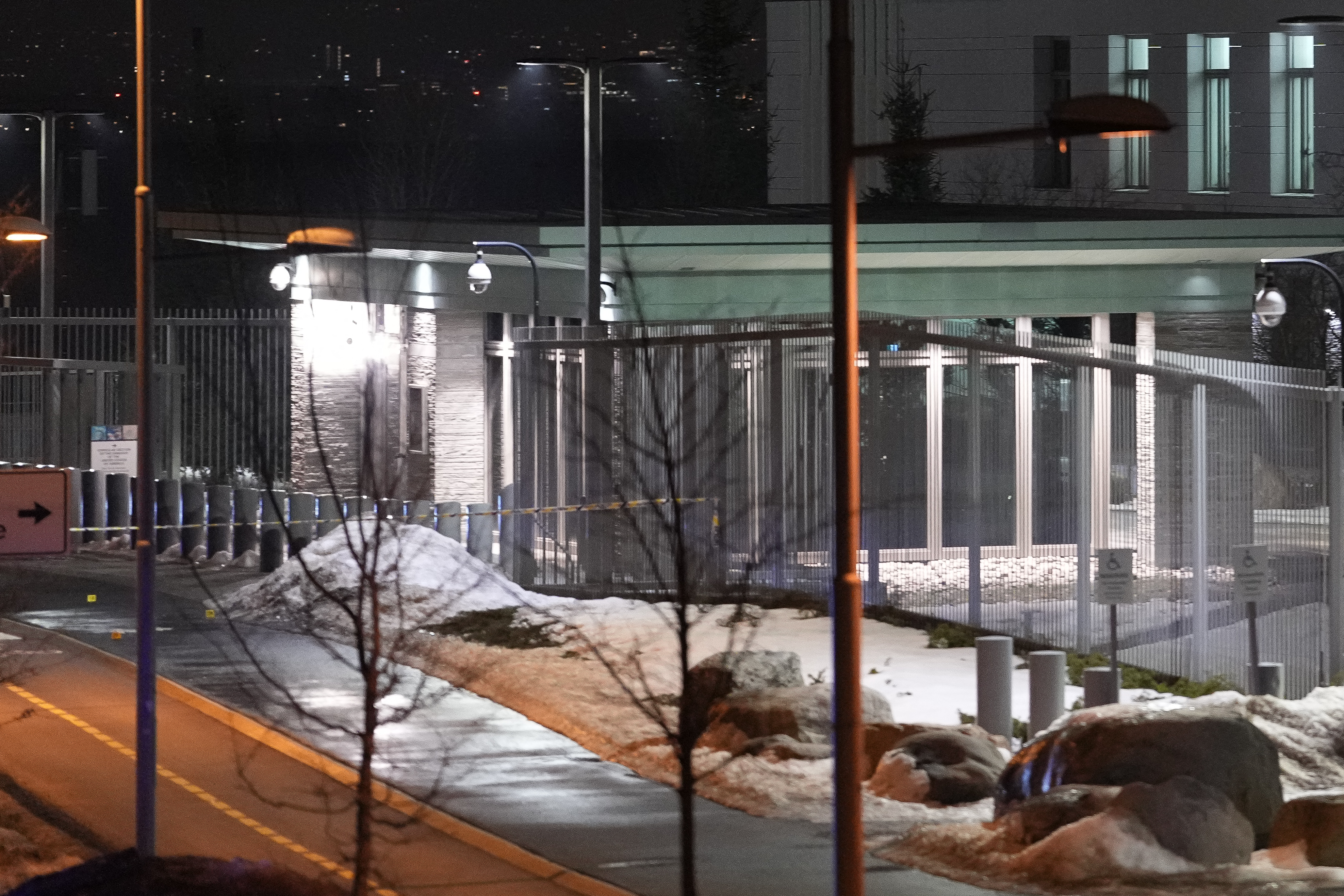 A view of the US Embassy secured with police tape after a loud bang was reported during the night in Oslo