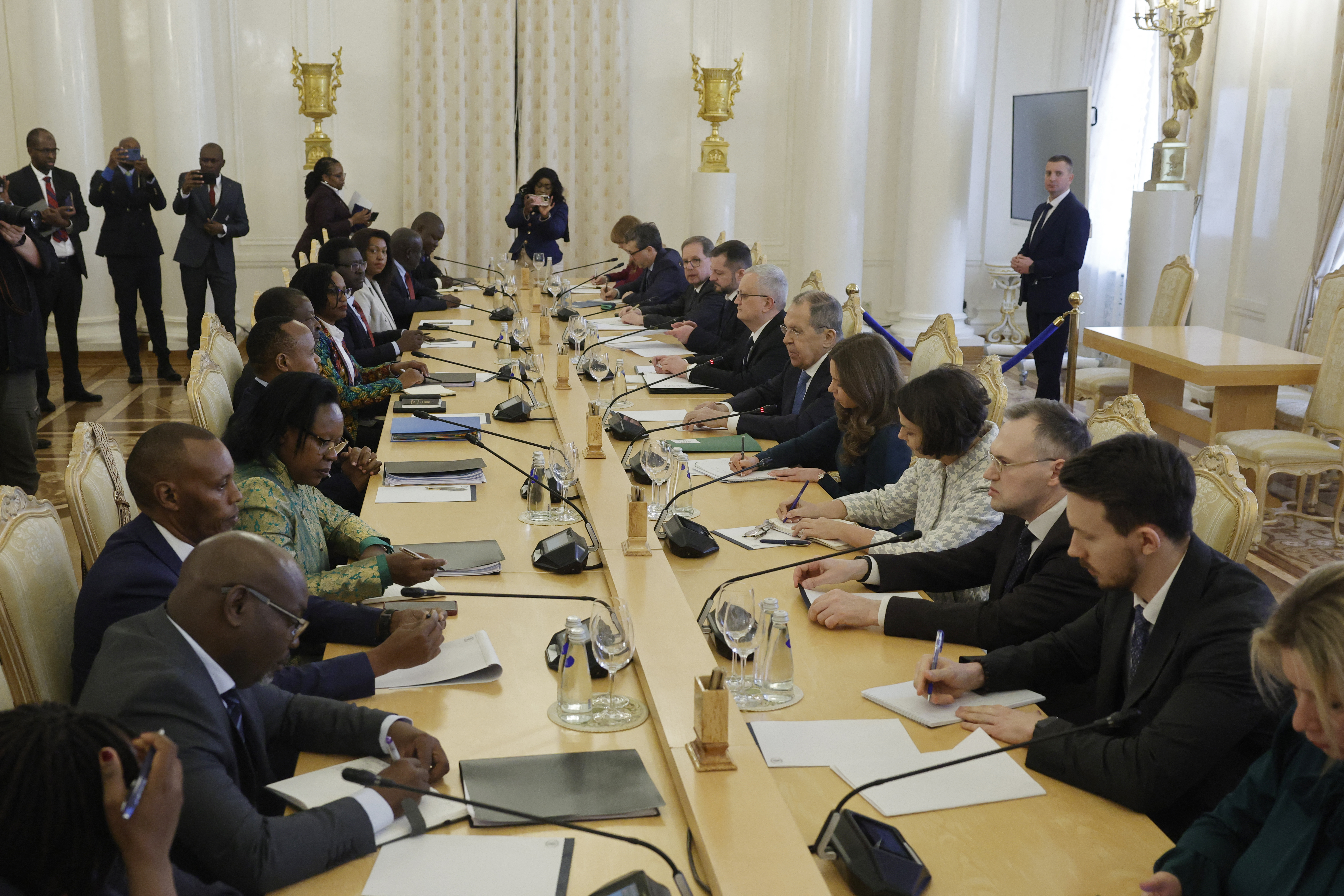 Russia's Foreign Minister Sergei Lavrov (6th R) attends a meeting with Kenya's Foreign Minister Musalia Mudavadi (6th L) in Moscow on March 16, 2026. (Photo by TATYANA MAKEYEVA / POOL / AFP)