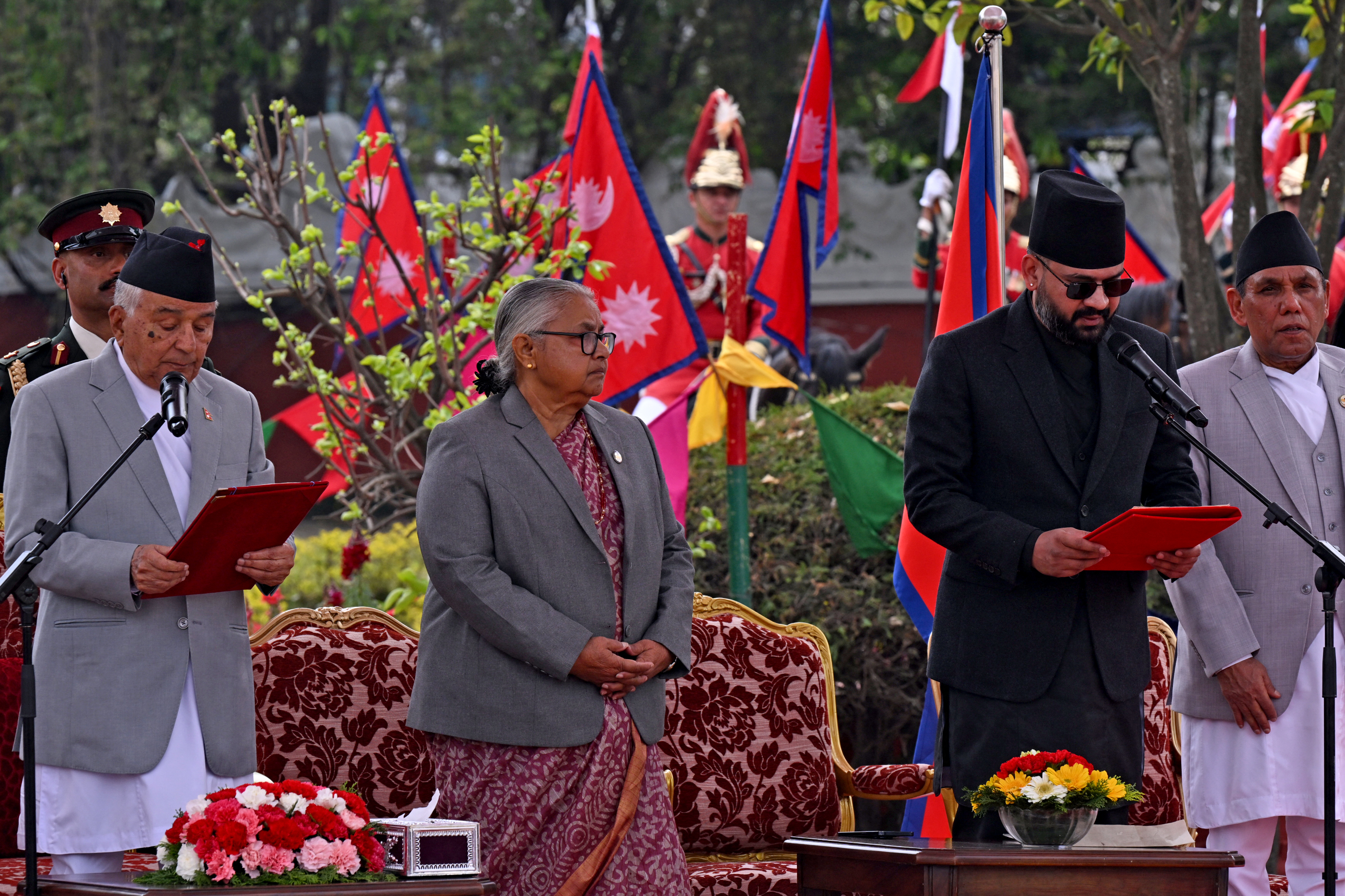 Rastriya Swatantra Party (RSP) leader Balendra Shah (2R) takes oath as prime minister during a swearing-in ceremony in Kathmandu on March 27, 2026.