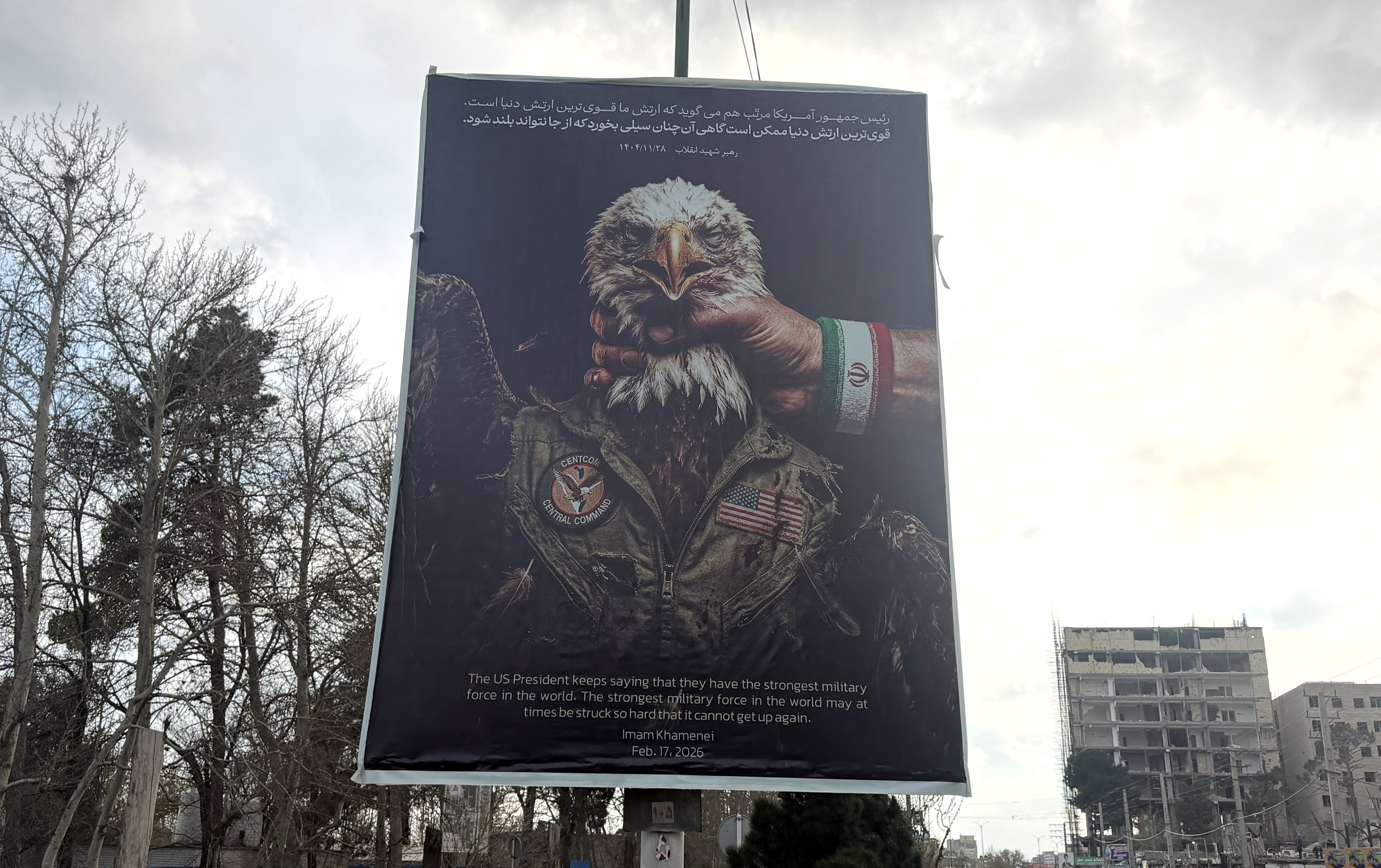 This picture taken on March 31, 2026 shows an Anti-US banner displayed in Tehran.