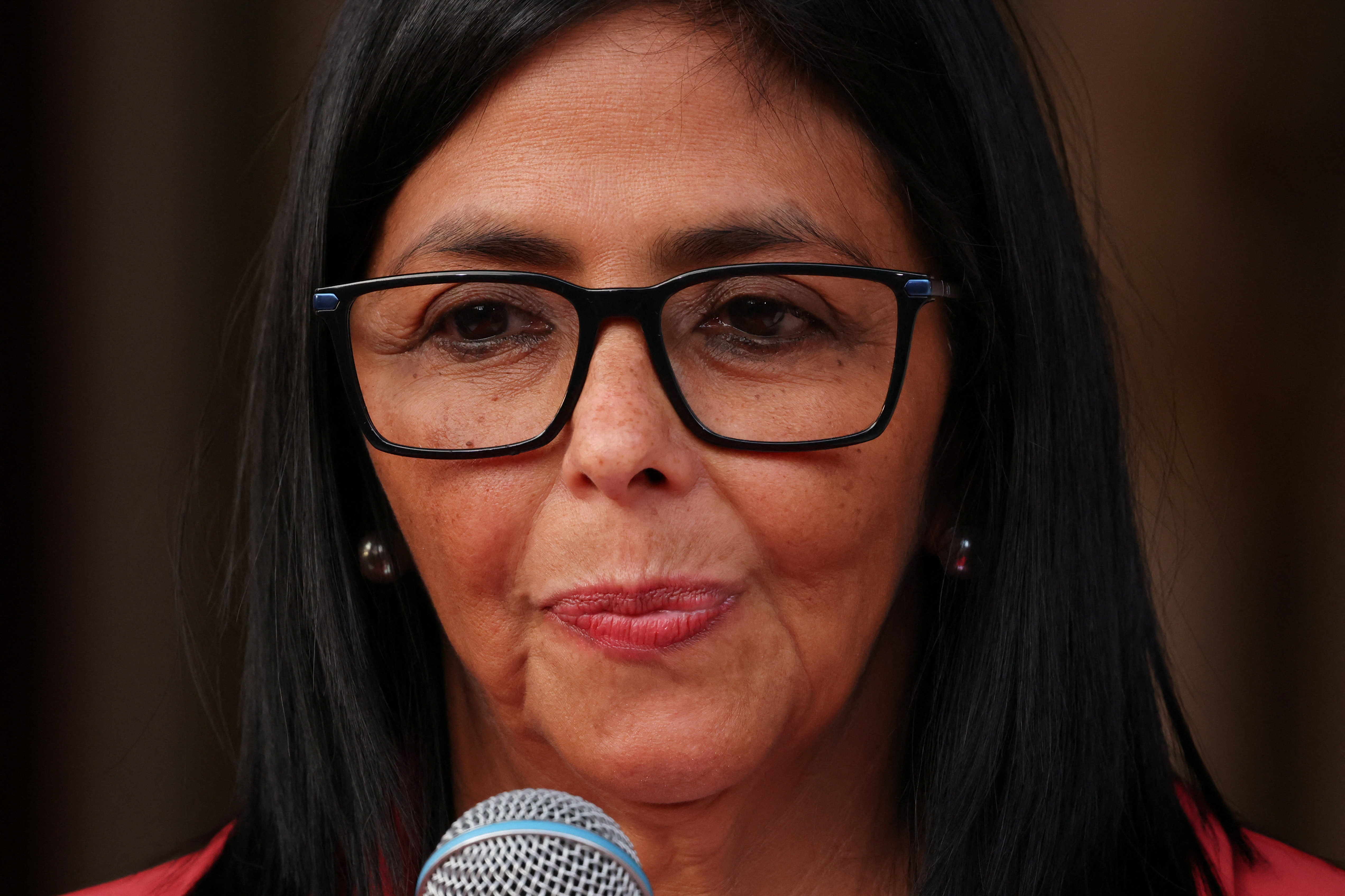 Venezuela's interim President Delcy Rodriguez looks on as she attends to deliver statements with U.S. Interior Secretary Doug Burgum (not pictured) at Miraflores Palace, in Caracas, Venezuela, March 4, 2026. REUTERS/Leonardo Fernandez Viloria