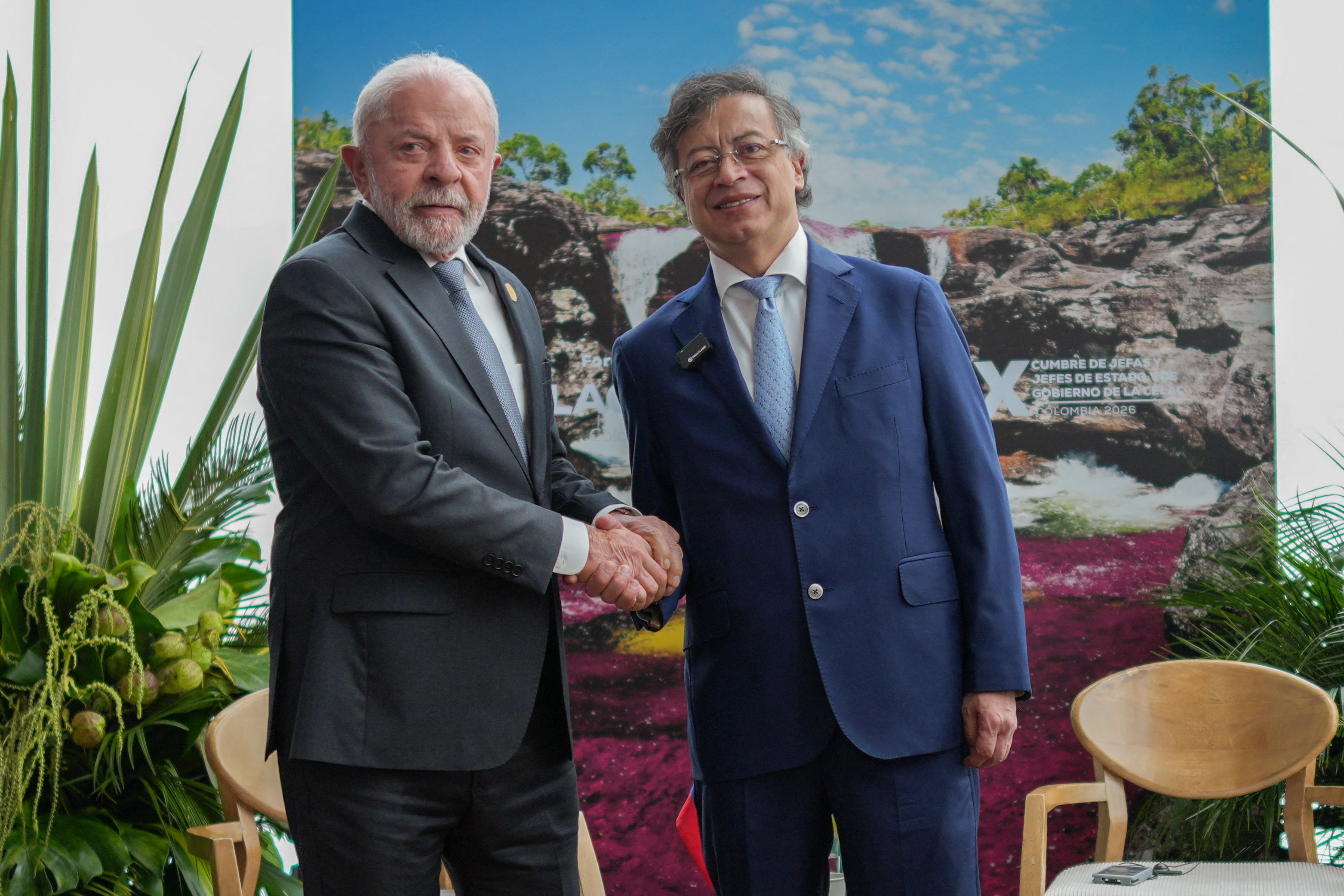 Brazil's President Luiz Inacio Lula da Silva greets Colombian President Gustavo Petro during the 10th Summit of the Community of Latin American and Caribbean States (CELAC) in Bogota, Colombia, March 21, 2026. Colombian Presidency/Handout via REUTERS THIS IMAGE HAS BEEN SUPPLIED BY A THIRD PARTY