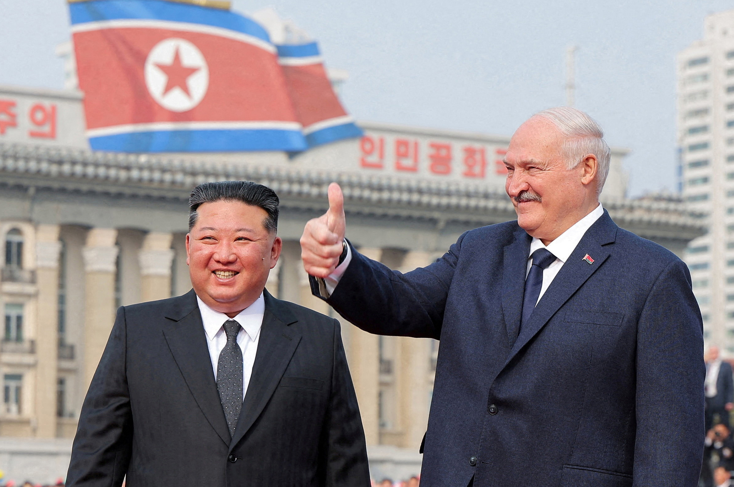 North Korea's Kim Jong Un welcomes Belarusian President Alexander Lukashenko in Pyongyang for an official two-day visit [KCNA via Reuters]