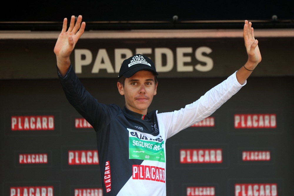 Spanish rider Jaume Guardeno of Caja Rural - Seguros RGA team celebrates with the youth jersey on the podium of the 7th stage of the 85th Portugal Cycling Tour over 160,4 Km, between Felgueiras and Paredes