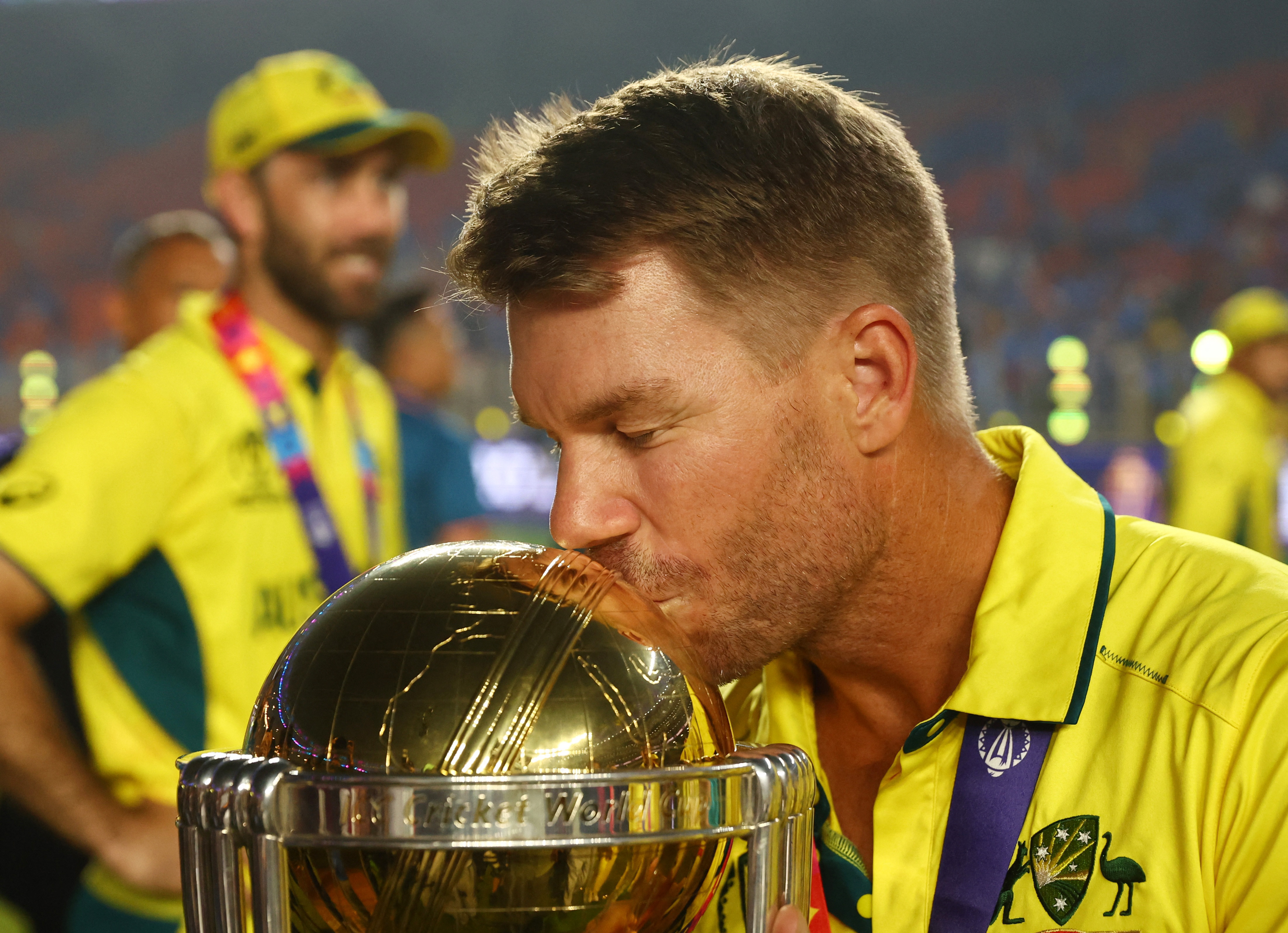 Australia and IPL cricketer David Warner kisses the World Cup