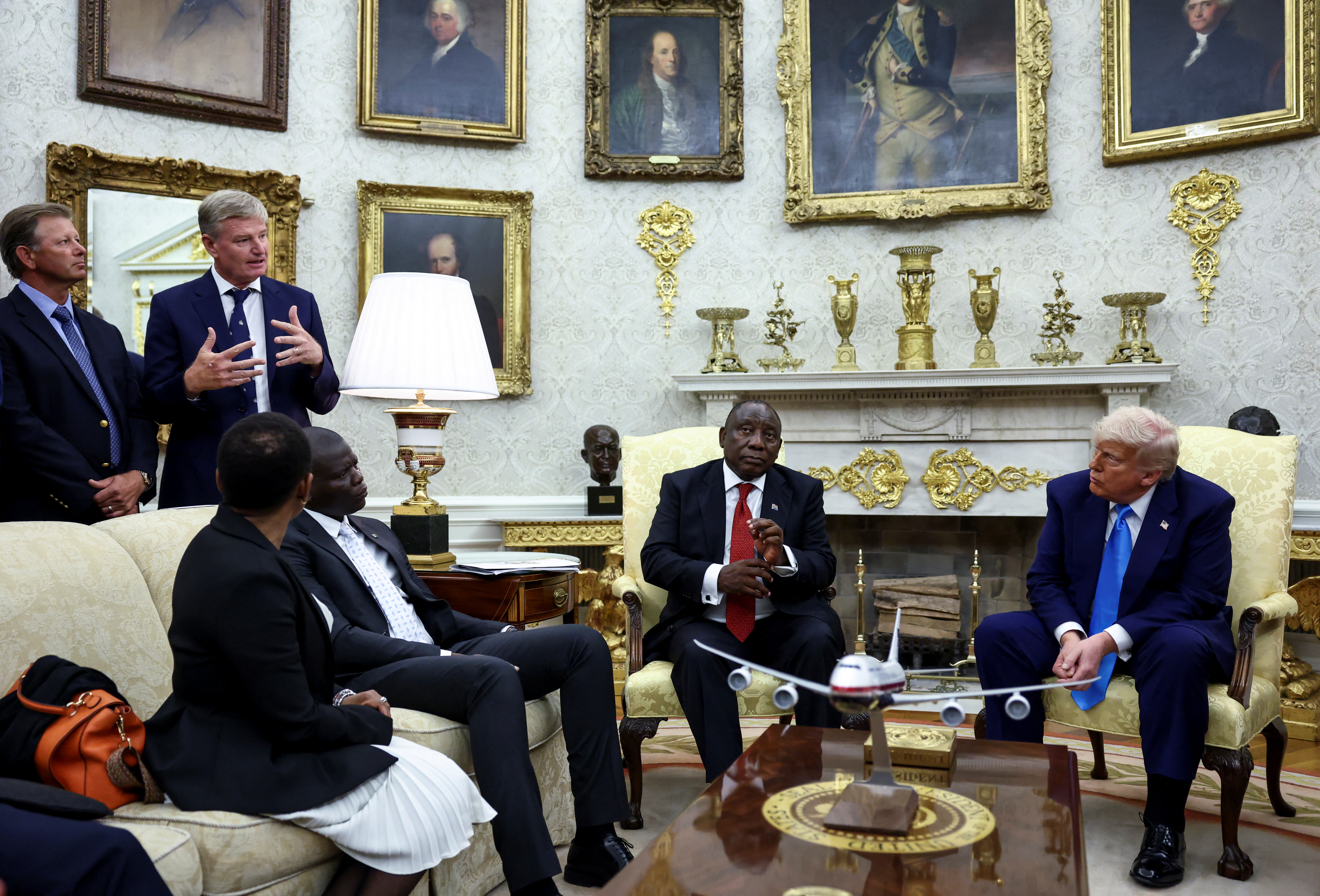 Golfer Ernie Els speaks in the Oval Office during a meeting between US President Donald Trump and South African President Cyril Ramaphosa, at the White House in Washington, DC on May 21, 2025