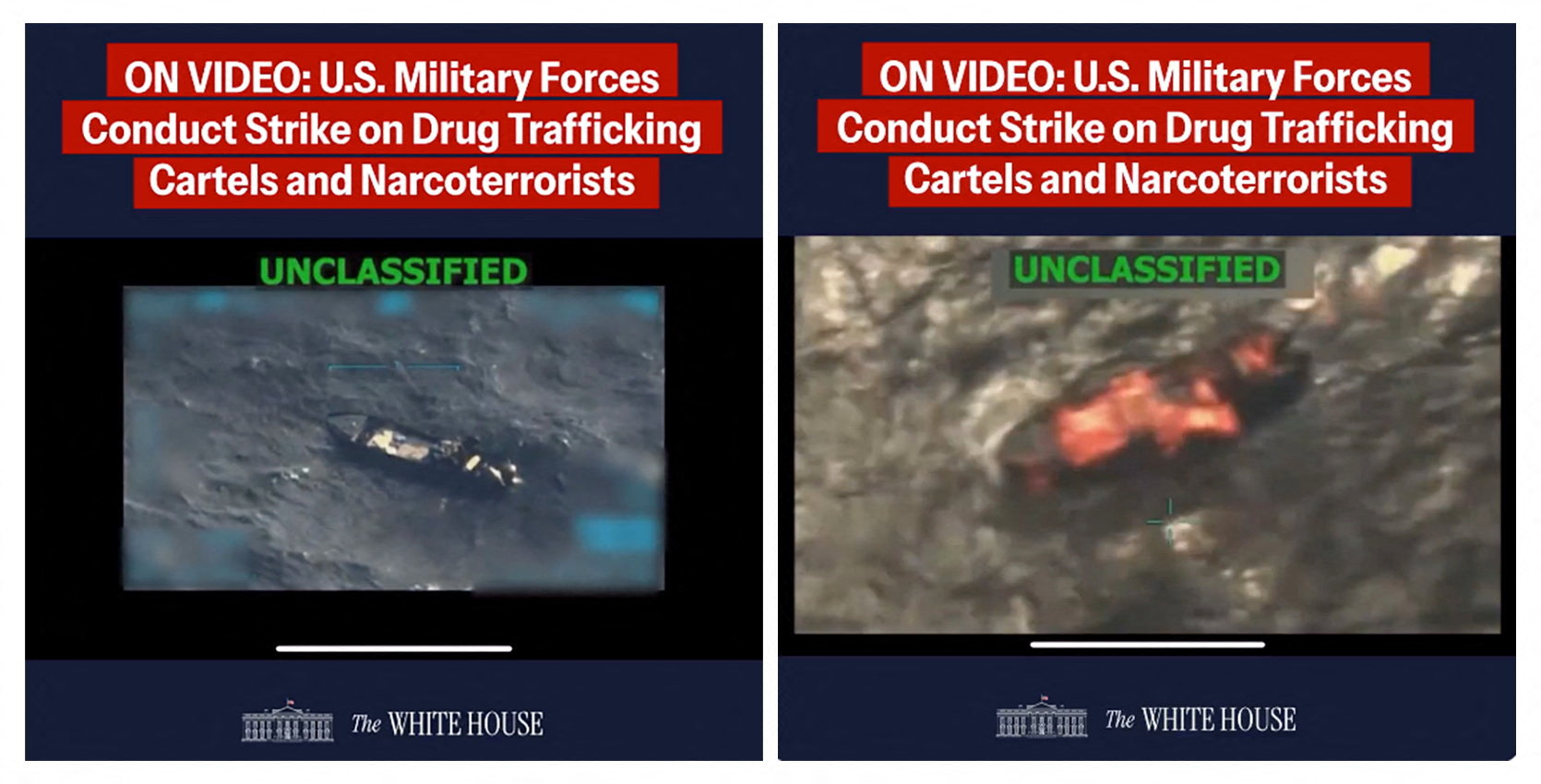 A combination image shows two screen captures from a video posted on the X account of The White House on September 15, 2025, depicting what U.S. President Donald Trump said was a U.S. military strike on a Venezuelan drug cartel vessel that had been on its way to the United States, the second such strike carried out against a suspected drug boat in recent weeks. The White House/Handout via REUTERS. THIS IMAGE HAS BEEN SUPPLIED BY A THIRD PARTY. IMAGE BLURRED AT SOURCE Verification lines: Reuters checked the footage through our AI detection tool and found no evidence of manipulation. however, the footage is partly blurred, making it impossible to confirm if the video is manipulated. Thorough verification is an ongoing process, and Reuters will continue to review the footage as more information becomes available.