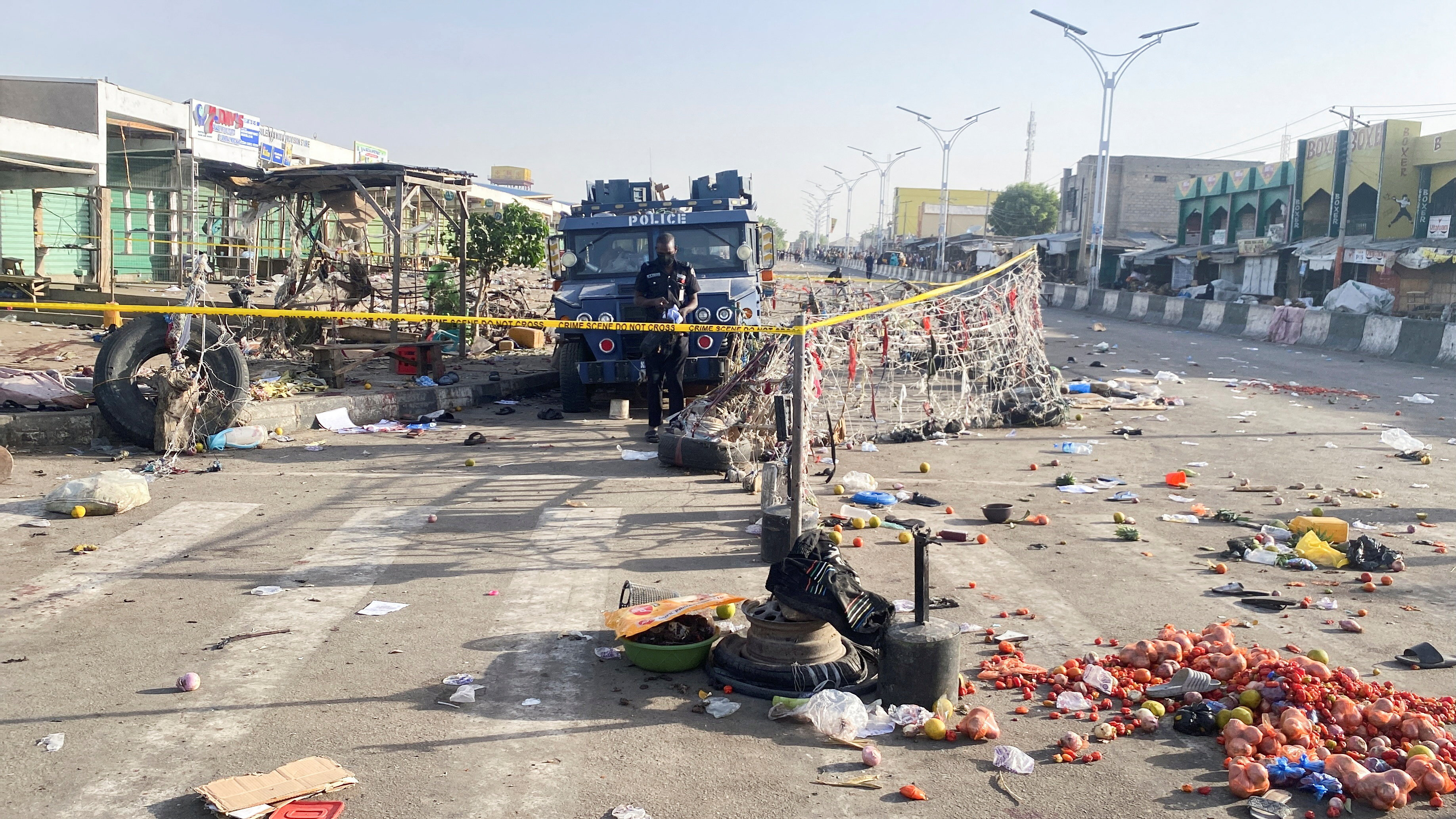 A Nigerian police truck stands at the deserted Maiduguri Monday Market the morning after multiple explosions struck the northeastern city of Maiduguri, Borno State, Nigeria, March 17, 2026. REUTERS/Ahmed Kingimi