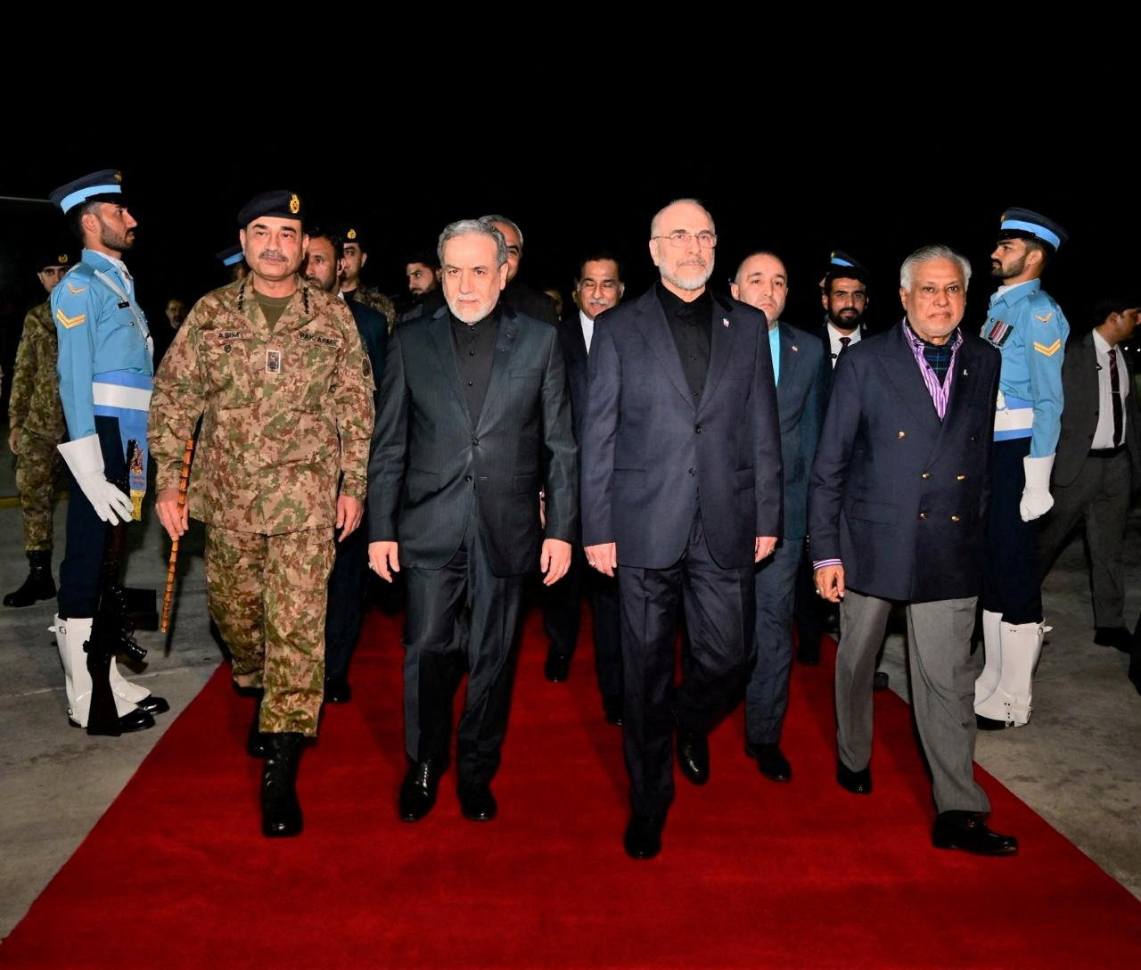 The Iranian delegation led by parliament speaker Mohammad Baqer Qalibaf and Foreign Minister Abbas Araqchi is welcomed by Pakistan's Chief of Army Staff (COAS) Asim Munir and Minister for Foreign Affairs Mohammad Ishaq Dar, as Pakistan prepares to host the U.S. and Iran for peace talks, in Islamabad