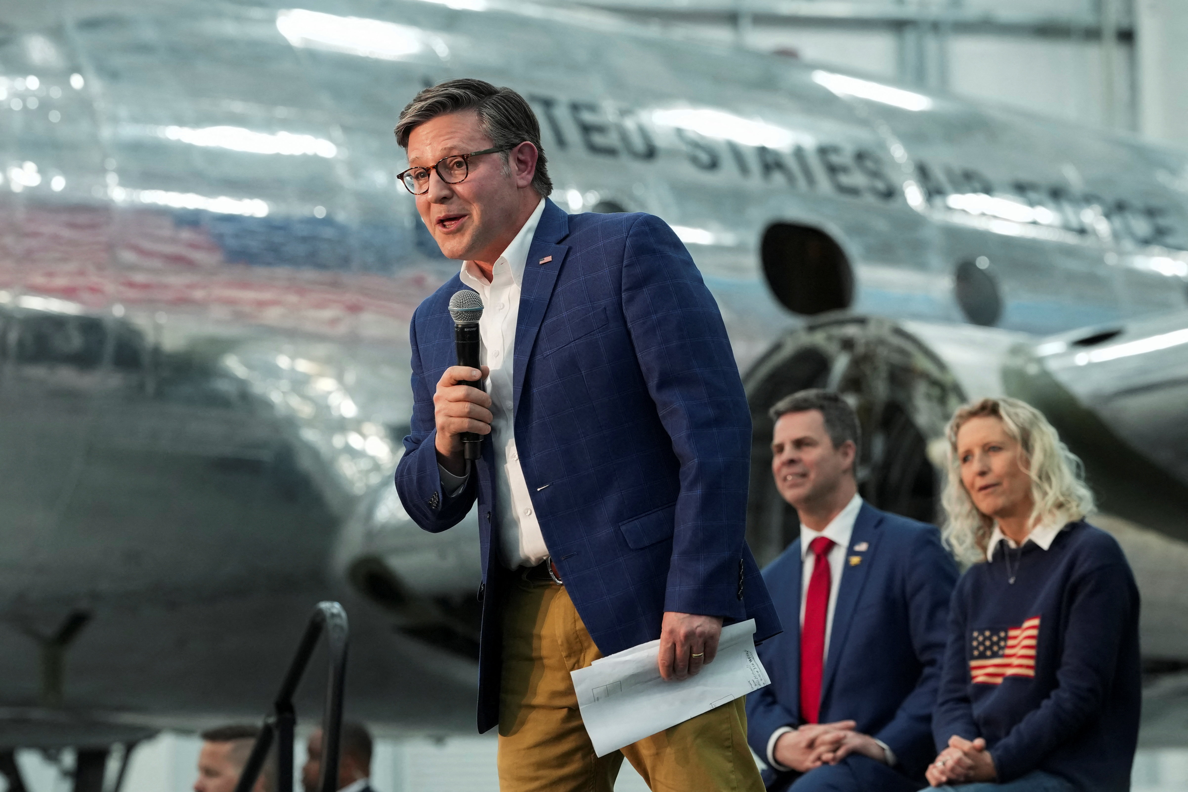US House Speaker Mike Johnson speaks during a campaign rally.