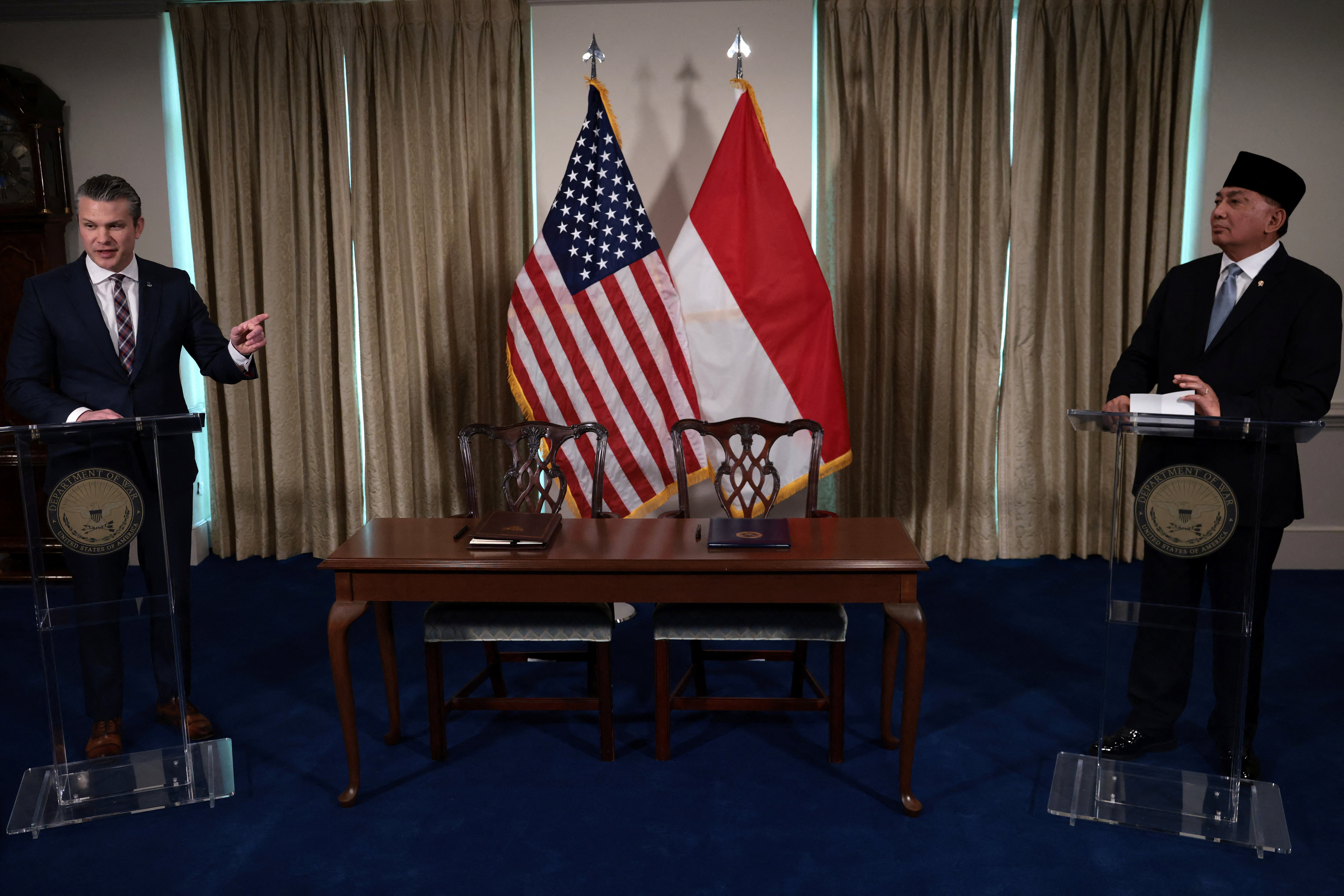 U.S. Defense Secretary Pete Hegseth delivers remarks during a visit with Indonesia's Defense Minister Sjafrie Sjamsoeddin at the Pentagon, in Washington, D.C., U.S., April 13, 2026 . REUTERS/Evelyn Hockstein