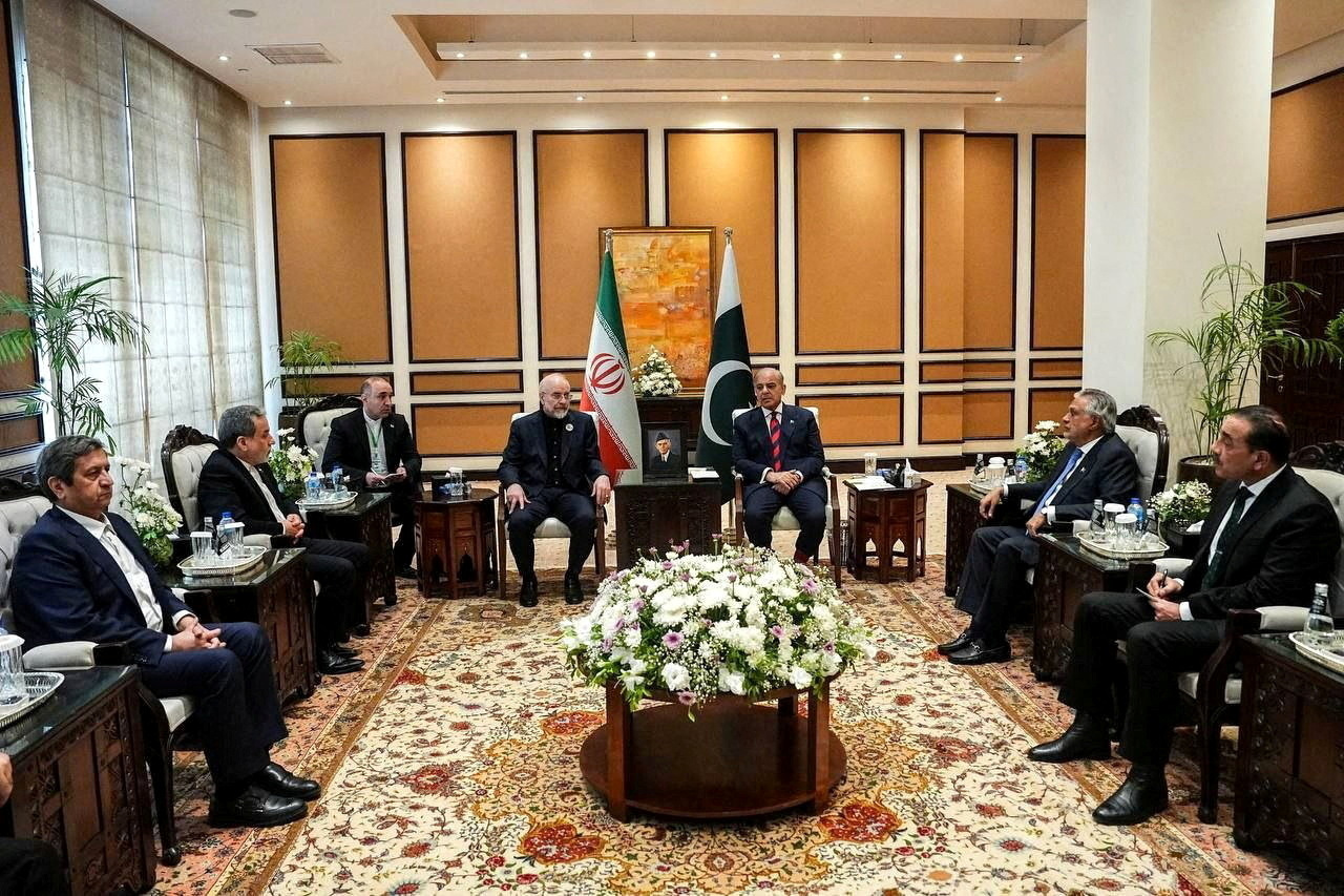 Pakistan's Prime Minister Shehbaz Sharif meets with Iranian Parliament Speaker Mohammad Bagher Ghalibaf and a delegation.