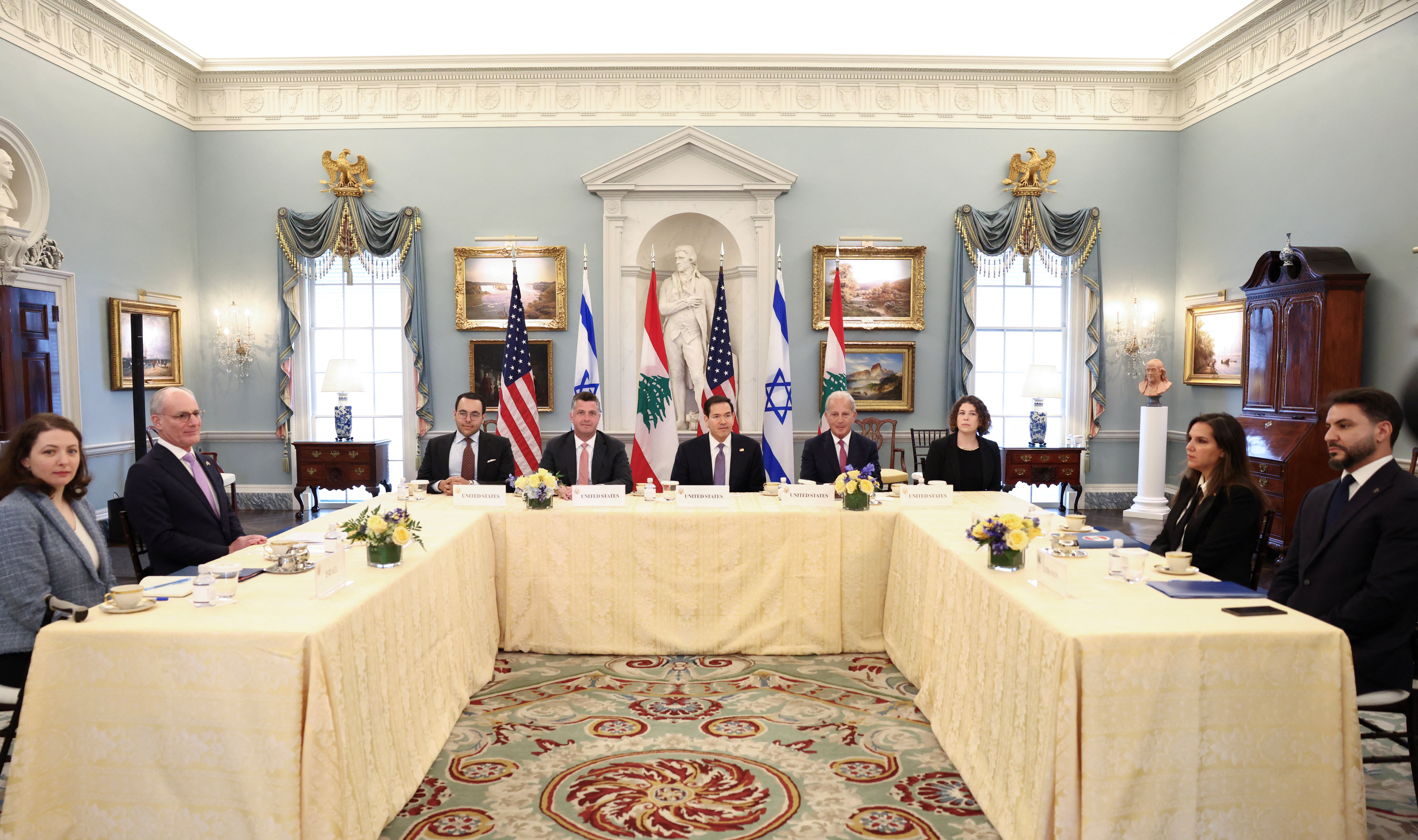 U.S. Secretary of State Marco Rubio meets with Israeli Ambassador to the United States Yechiel Leiter and Lebanese Ambassador to the United States Nada Hamadeh Moawad at the State Department in Washington, D.C., U.S., April 14, 2026. REUTERS/Kevin Lamarque