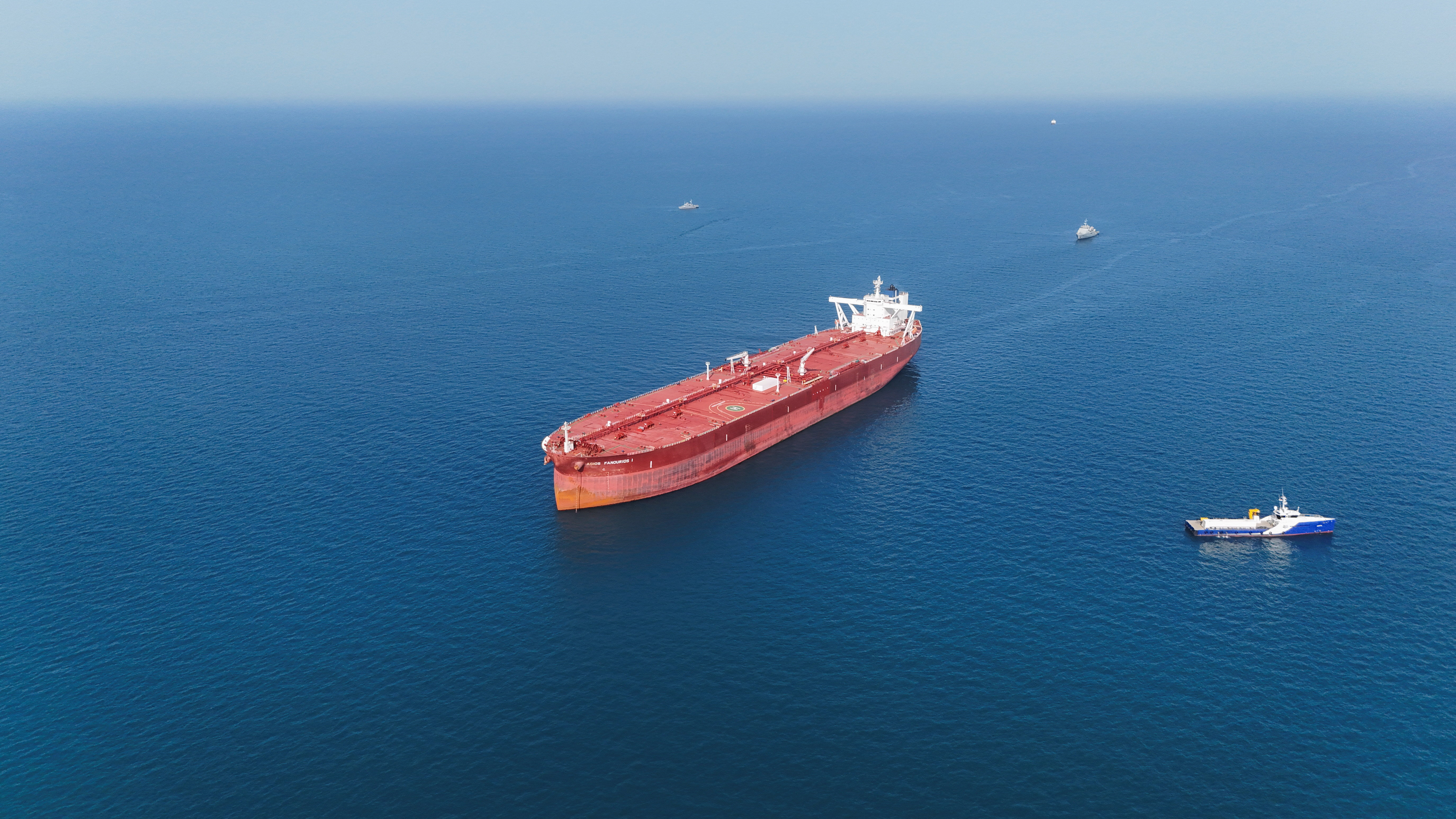 A drone view shows an oil tanker sailing.