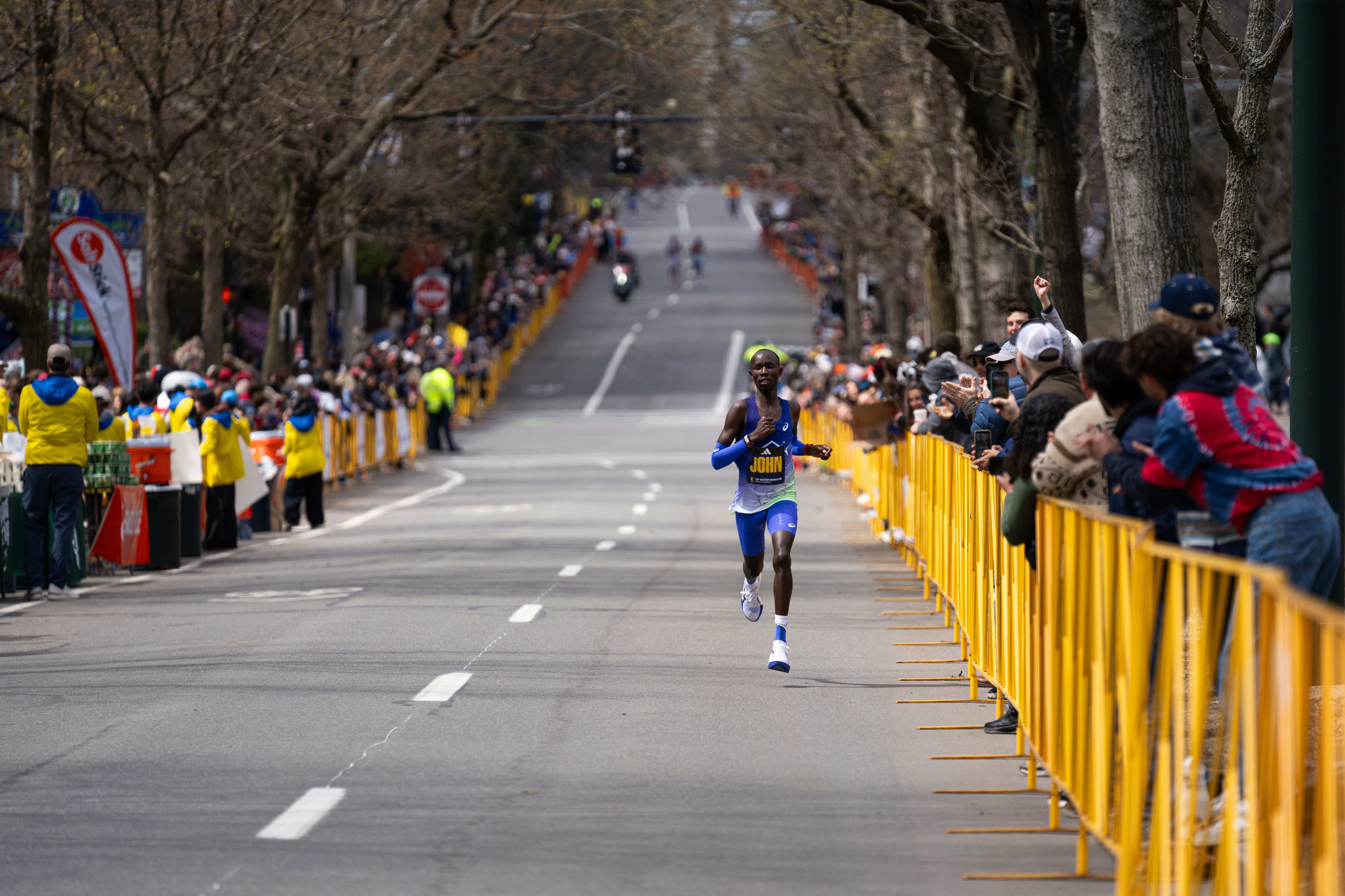 Apr 20, 2026; Boston, MA, USA; John Korir runs during the 130th Boston Marathon. Mandatory Credit: Natalie Reid-Imagn Images