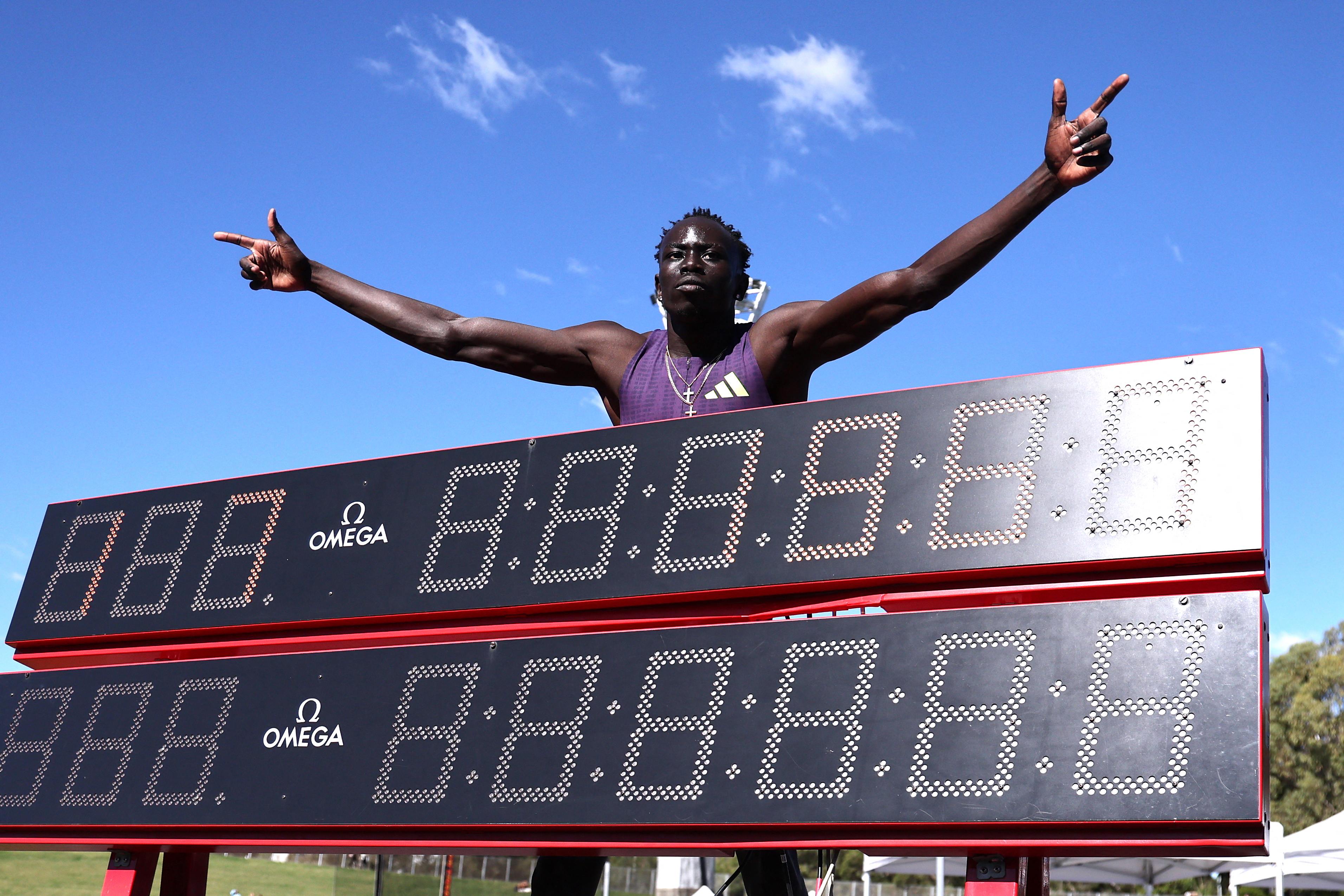 Australias Gout Gout celebrates after winning the mens 200M final at the Australian Athletics Championships in Sydney on April 12, 2026. (Photo by DAVID GRAY / AFP) / -- IMAGE RESTRICTED TO EDITORIAL USE - STRICTLY NO COMMERCIAL USE --