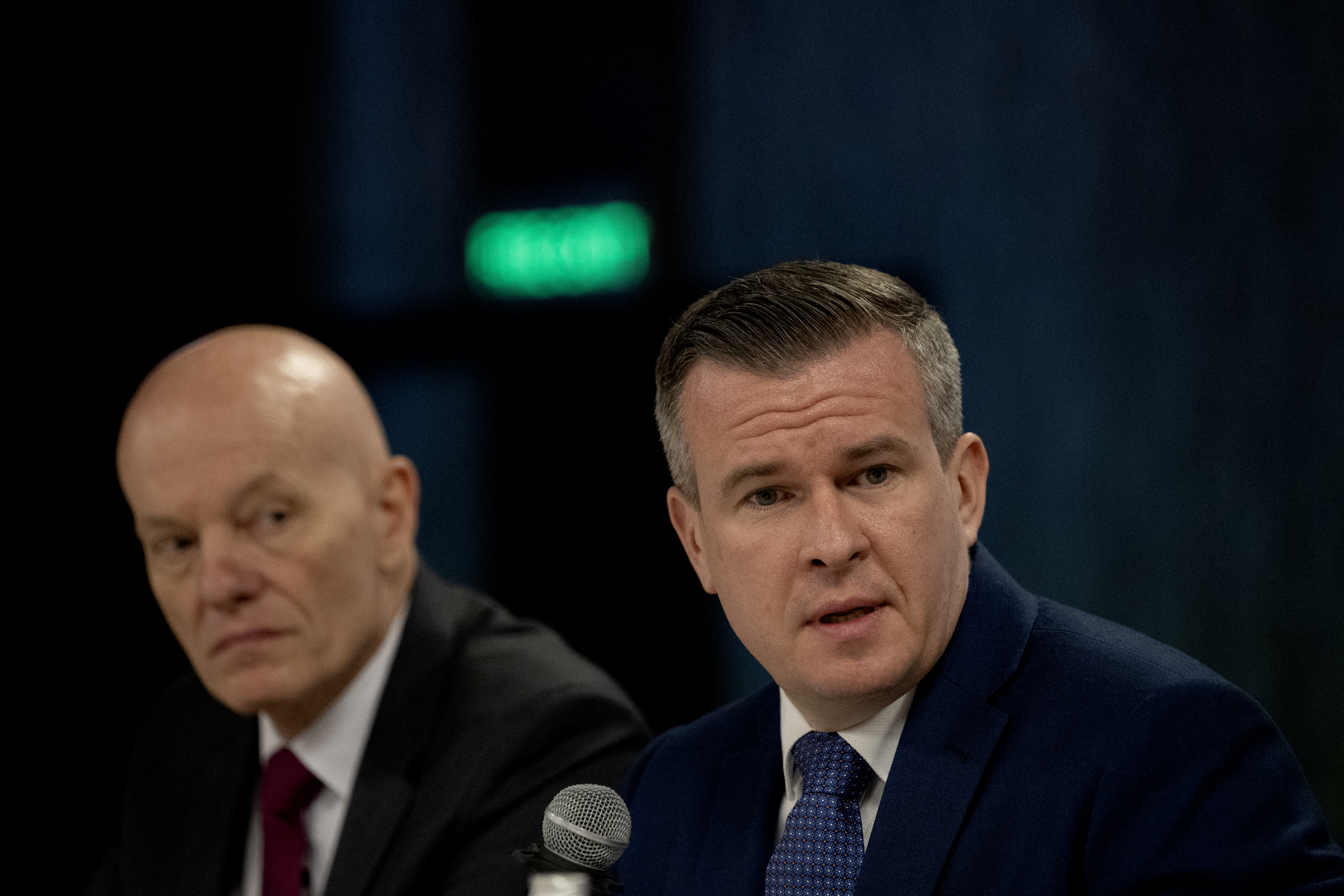 World Anti-Doping Agency (WADA) President Witold Banka (R) and World Anti-Doping Agency (WADA) Director of Intelligence & Investigations Gunter Younger address a press conference in New Delhi on April 16, 2026. (Photo by Sajjad HUSSAIN / AFP)