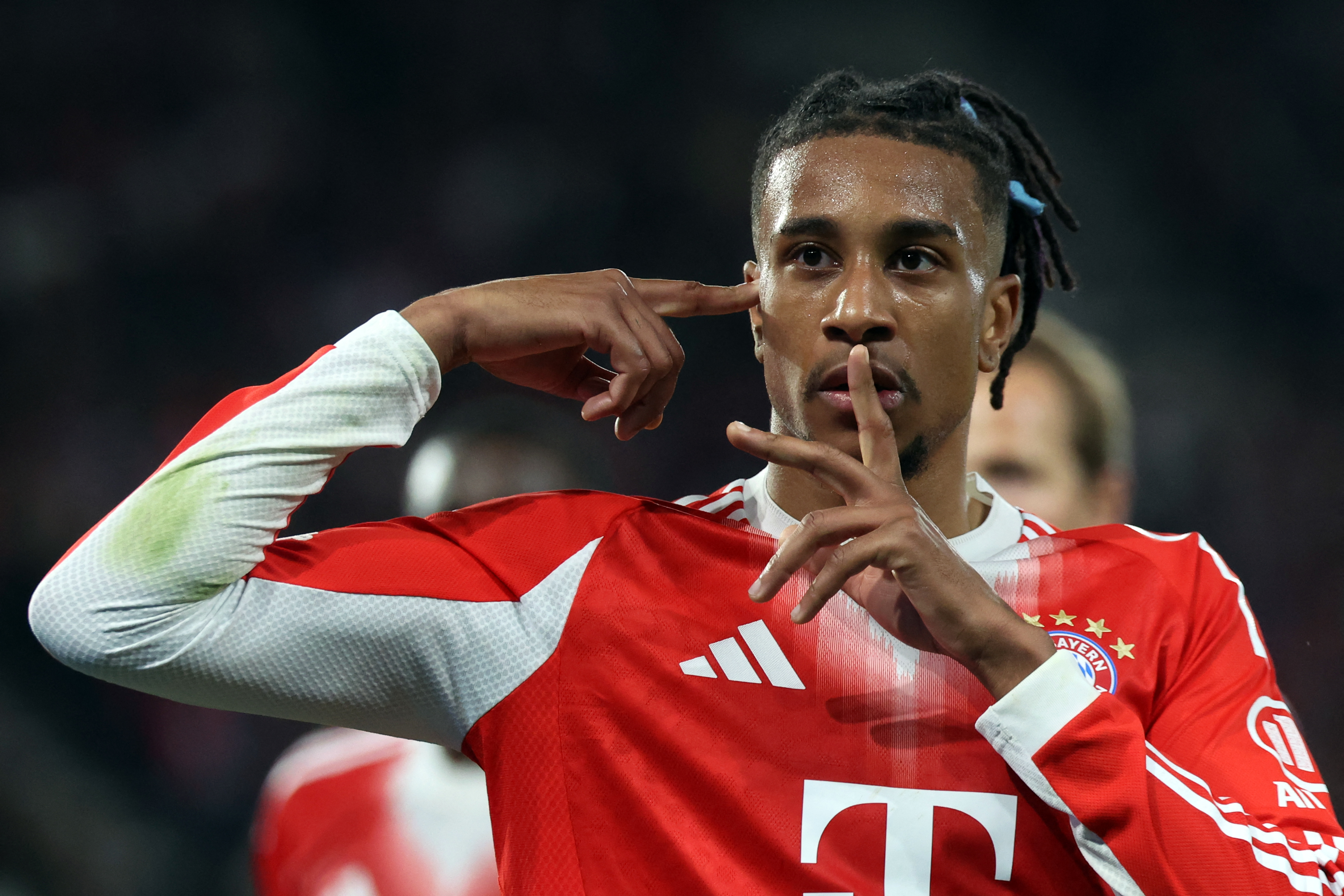 Bayern Munich's French midfielder #17 Michael Olise celebrates after scoring his team second goal during the UEFA Champions League semi-final first leg football match between Paris Saint-Germain (PSG) and Bayern Munich at the Parc des Princes in Paris on April 28, 2026. (Photo by ALAIN JOCARD / AFP)
