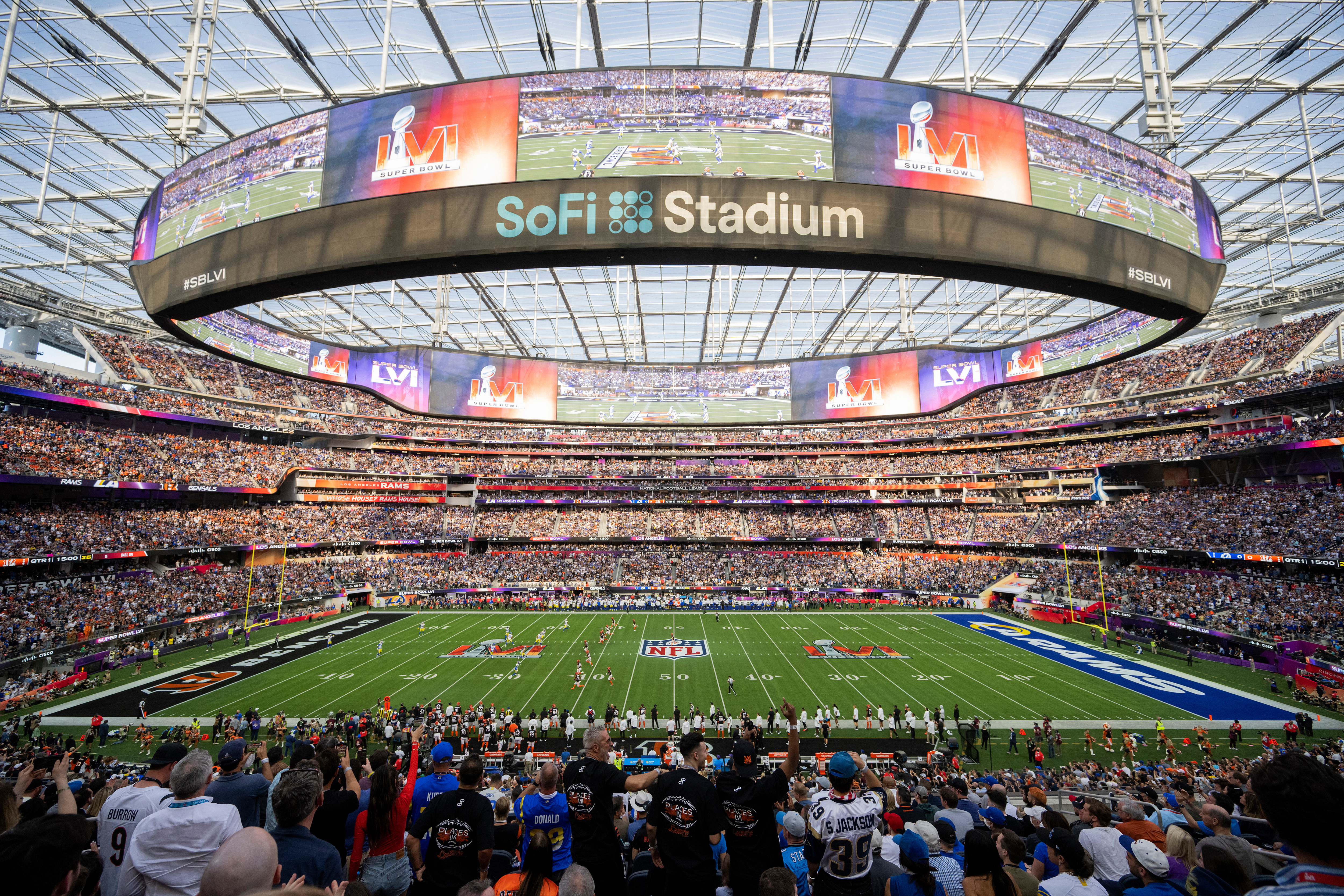 A general view of the interior of SoFi Stadium from an elevated position.