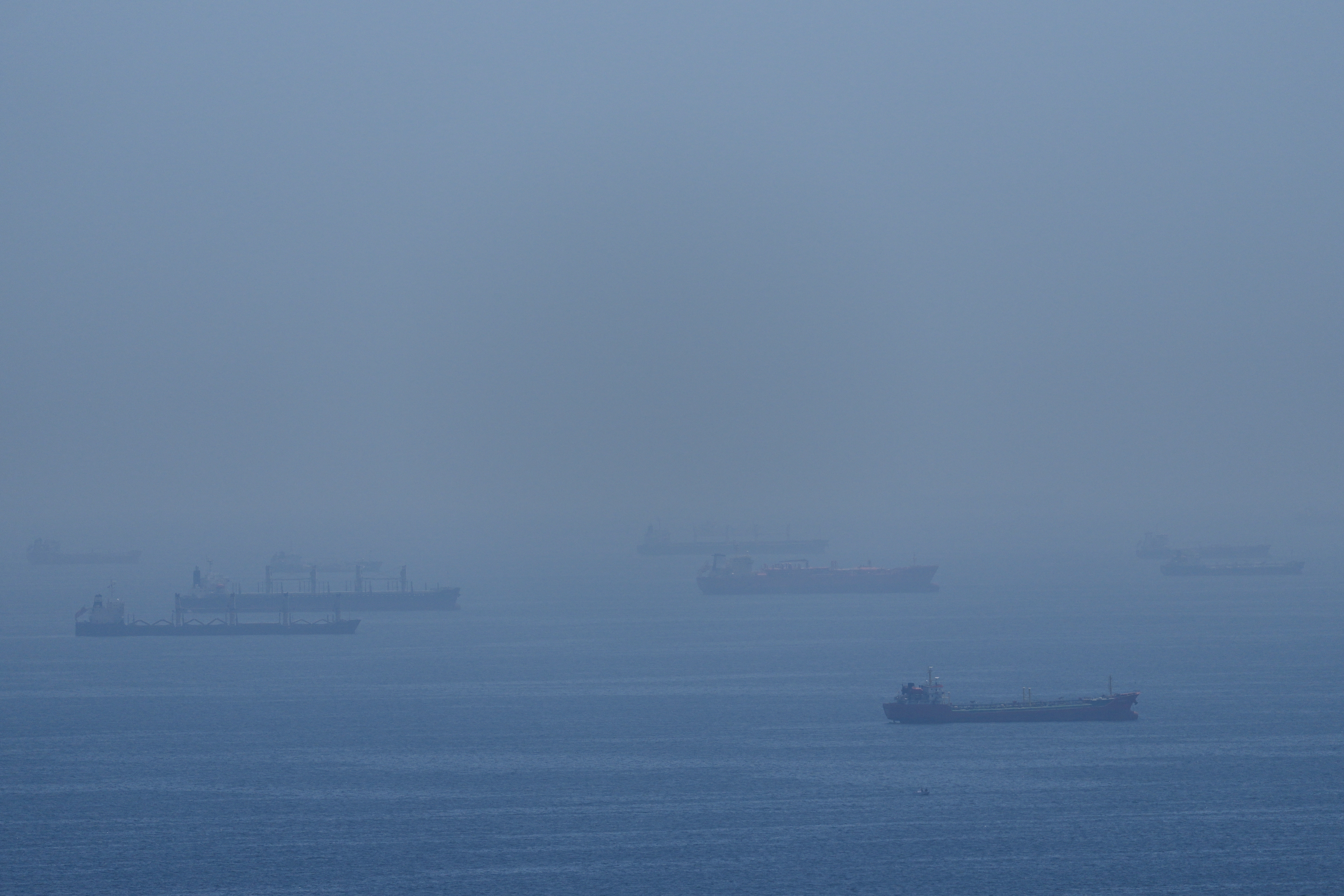 Tankers anchored in the Strait of Hormuz, Saturday, April 18, 2026.