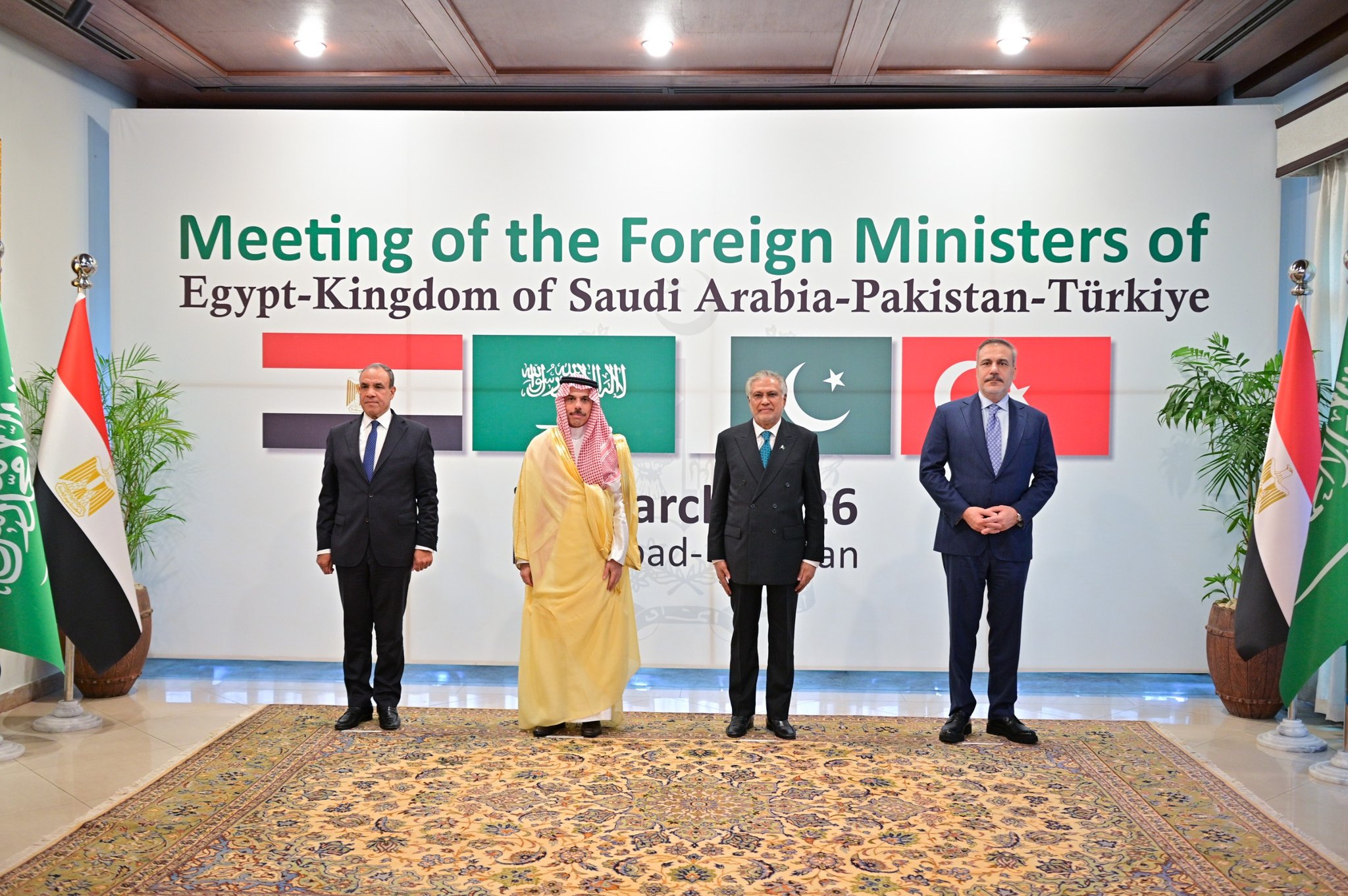The foreign ministers of Pakistan, Turkiye, Egypt and Saudi Arabia gathered in Islamabad on March 29, their second such meeting in ten days. [Handout/Pakistan's Ministry of Foreign Affairs]