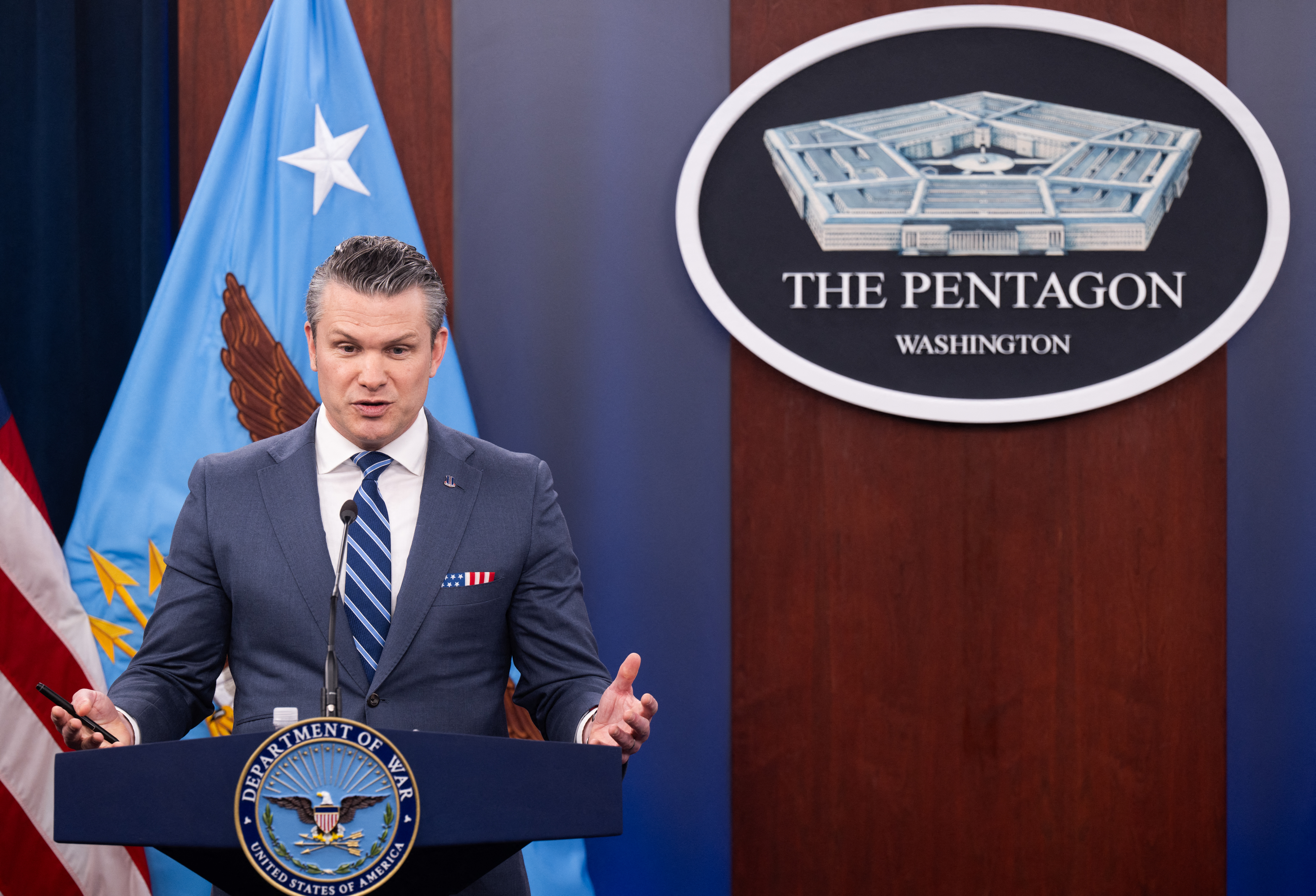 US Secretary of Defense Pete Hegseth speaks during a press briefing at the Pentagon in Washington, DC, on April 16, 2026.