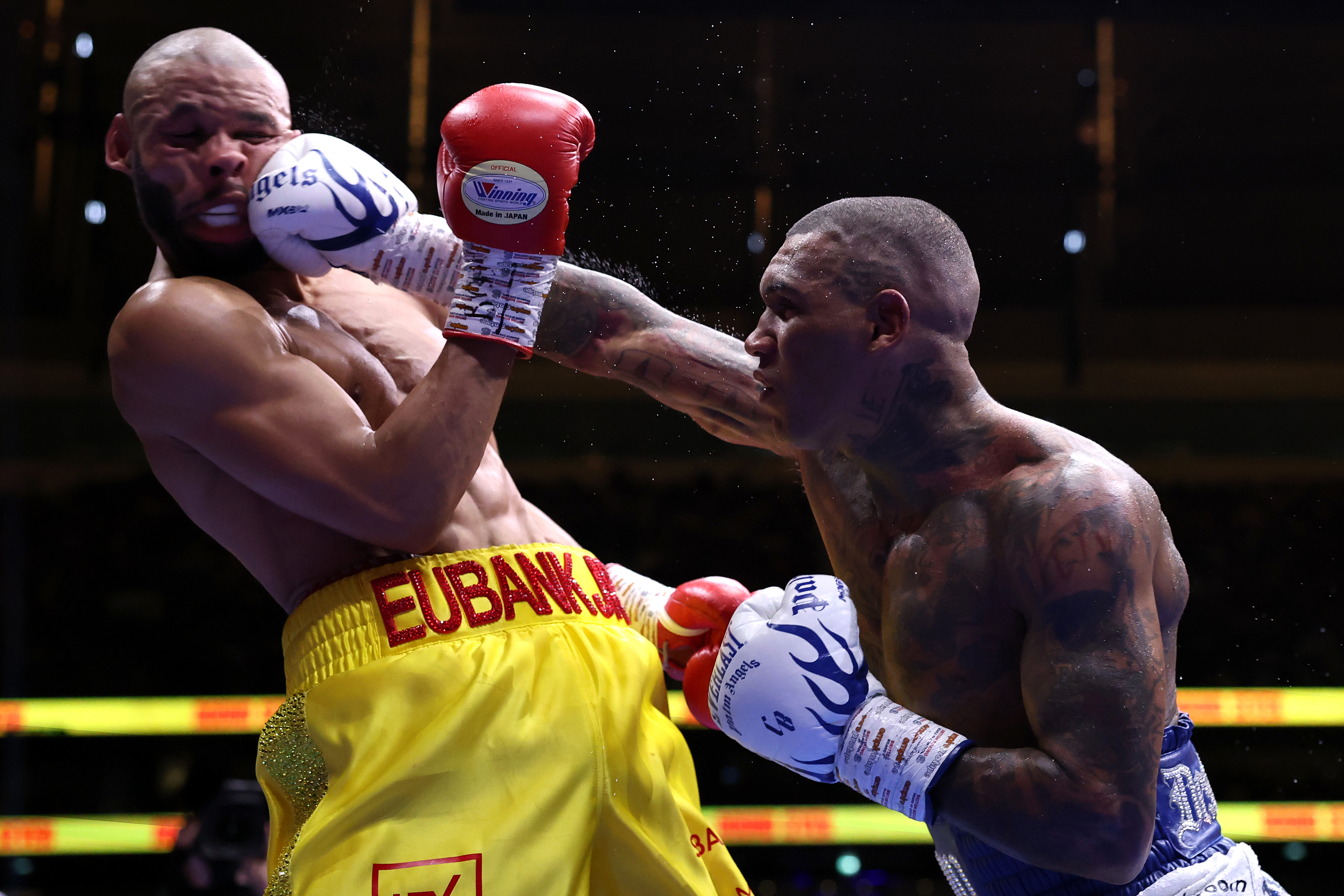 LONDON, ENGLAND - NOVEMBER 15: Conor Benn punches Chris Eubank Jr during their middleweight fight on the ‘Unfinished Business’ fight card at Tottenham Hotspur Stadium on November 15, 2025 in London, England. (Photo by Justin Setterfield/Getty Images)