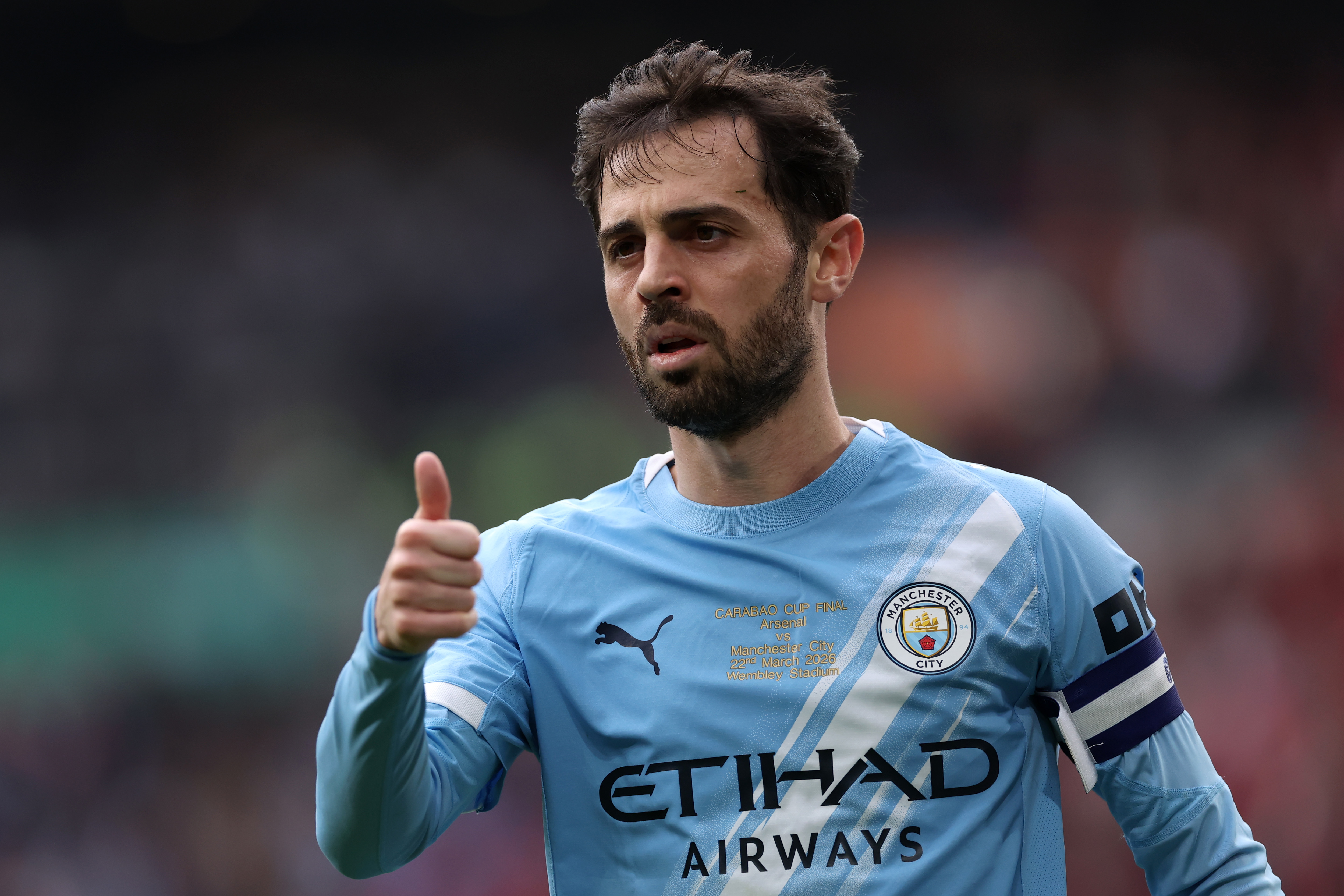 LONDON, ENGLAND - MARCH 22: Bernardo Silva of Manchester City during the Carabao Cup Final match Arsenal and between Manchester City at Wembley Stadium on March 22, 2026 in London, England. (Photo by Justin Setterfield/Getty Images)