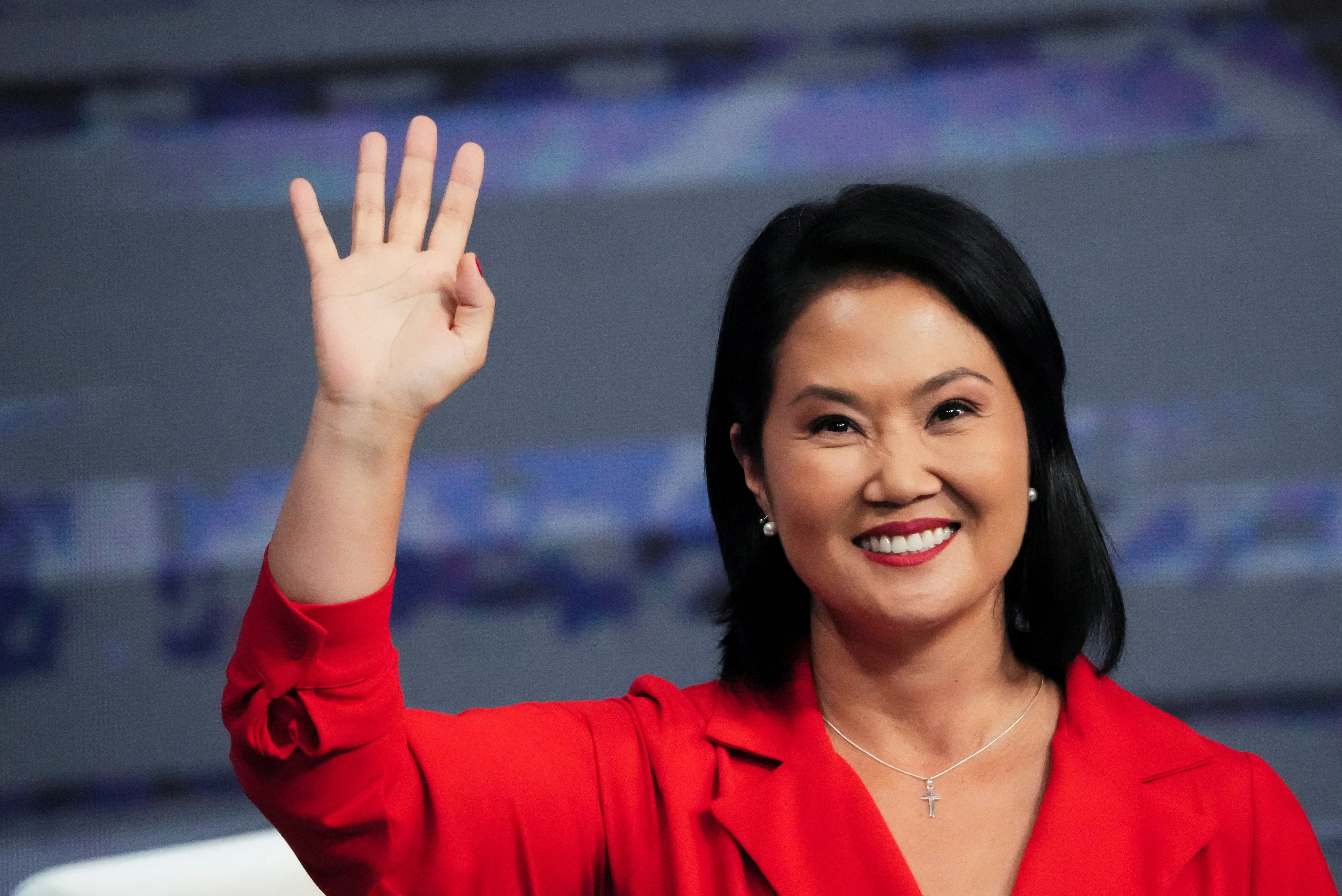 Peruvian presidential candidate Keiko Fujimori gestures as she attends a televised debate ahead of the general election on April 12, in Lima, Peru, March 31, 2026. REUTERS/Angela Ponce