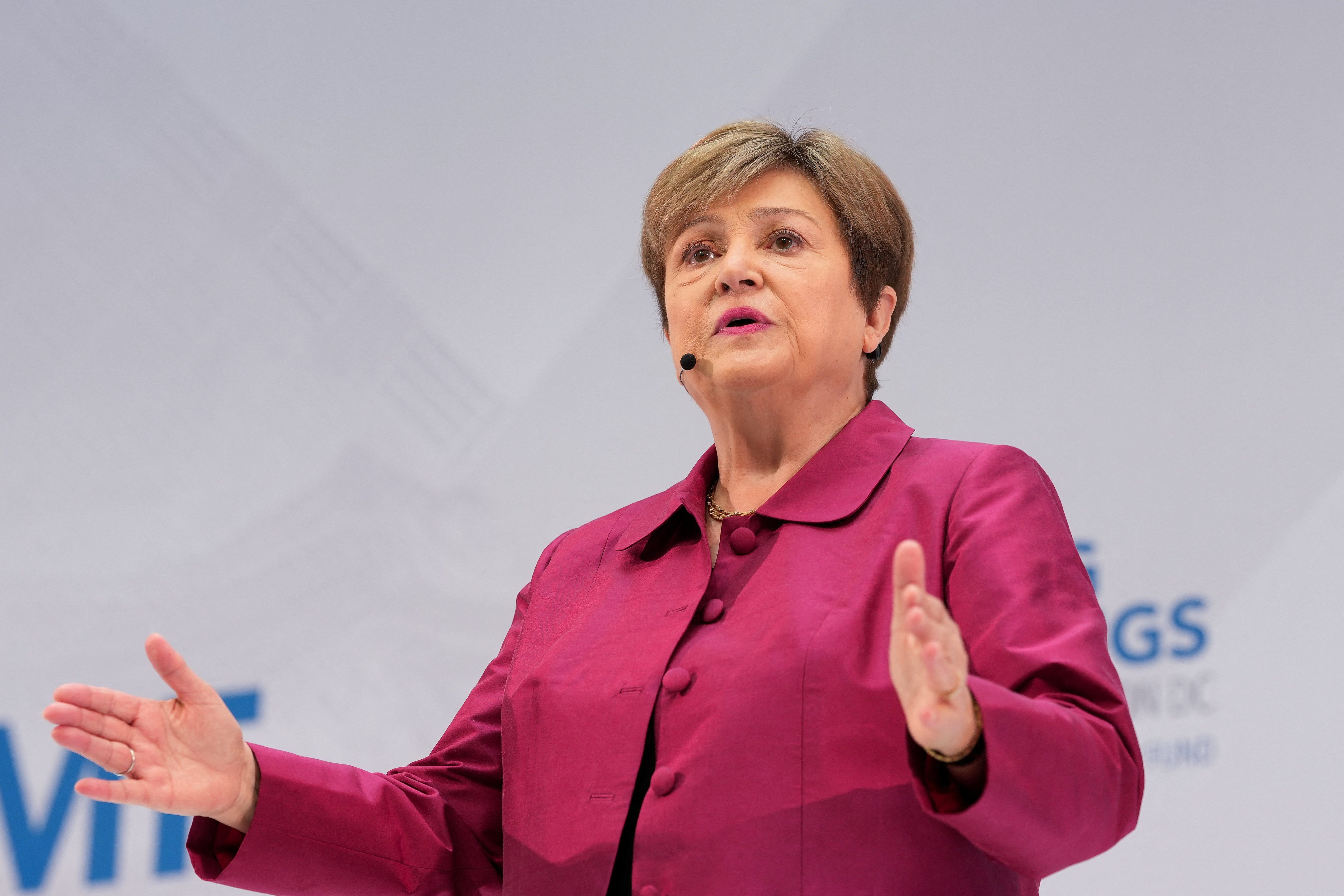 IMF Managing Director Kristalina Georgieva delivers a speech ahead of the IMF/World Bank's spring meetings in Washington, D.C., U.S., April 9, 2026. REUTERS/Ken Cedeno
