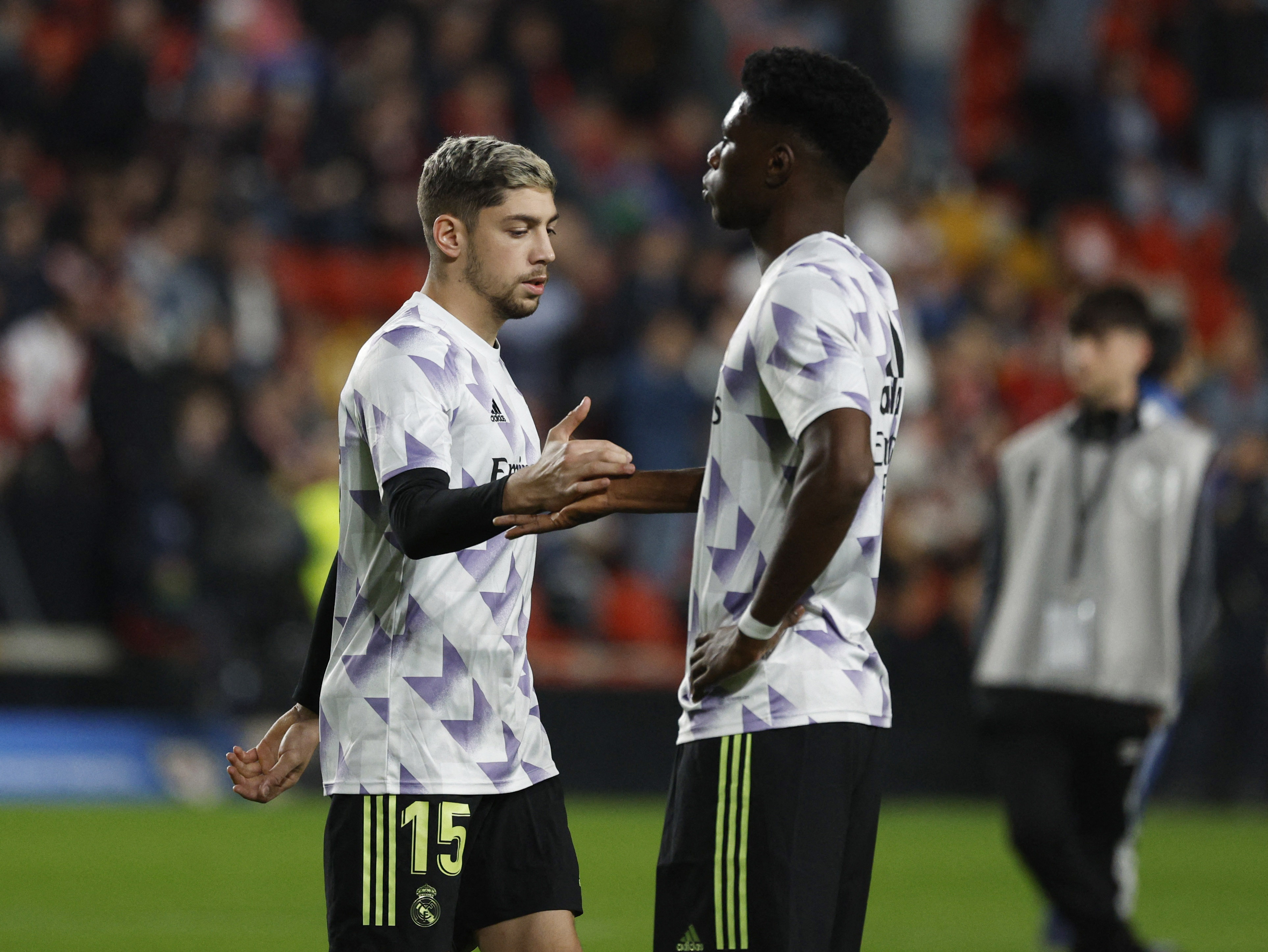 Real Madrid's Federico Valverde and Aurelien Tchouameni during the warm up