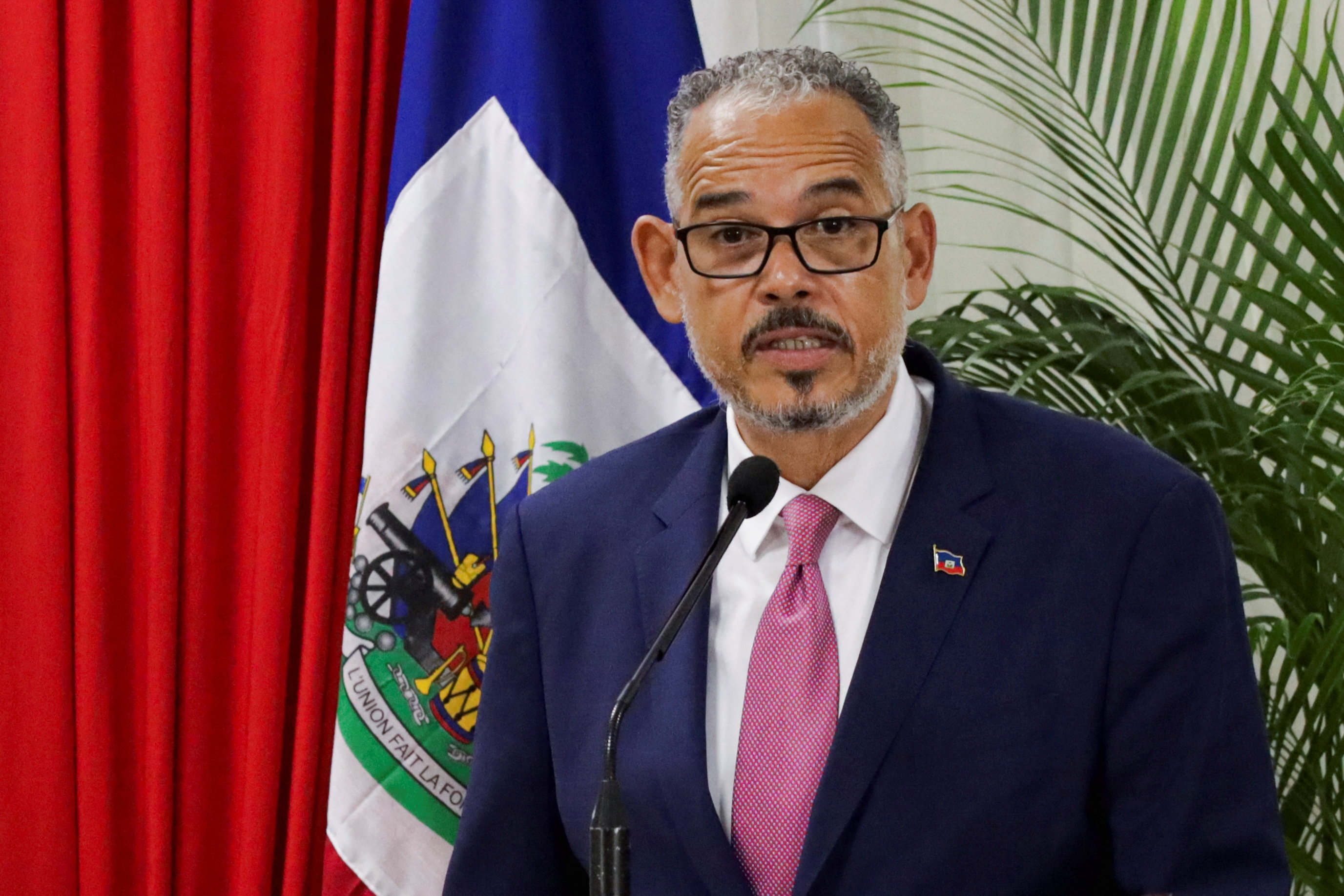 Haiti's Prime Minister Alix Didier Fils Aime speaks during a ceremony on the day the mandate of the Caribbean nation's transitional governing council, a body intended to curb a bloody gang conflict and bring about long-delayed elections, ended with no succession plan in place, in Port-au-Prince, Haiti, February 7, 2026.
