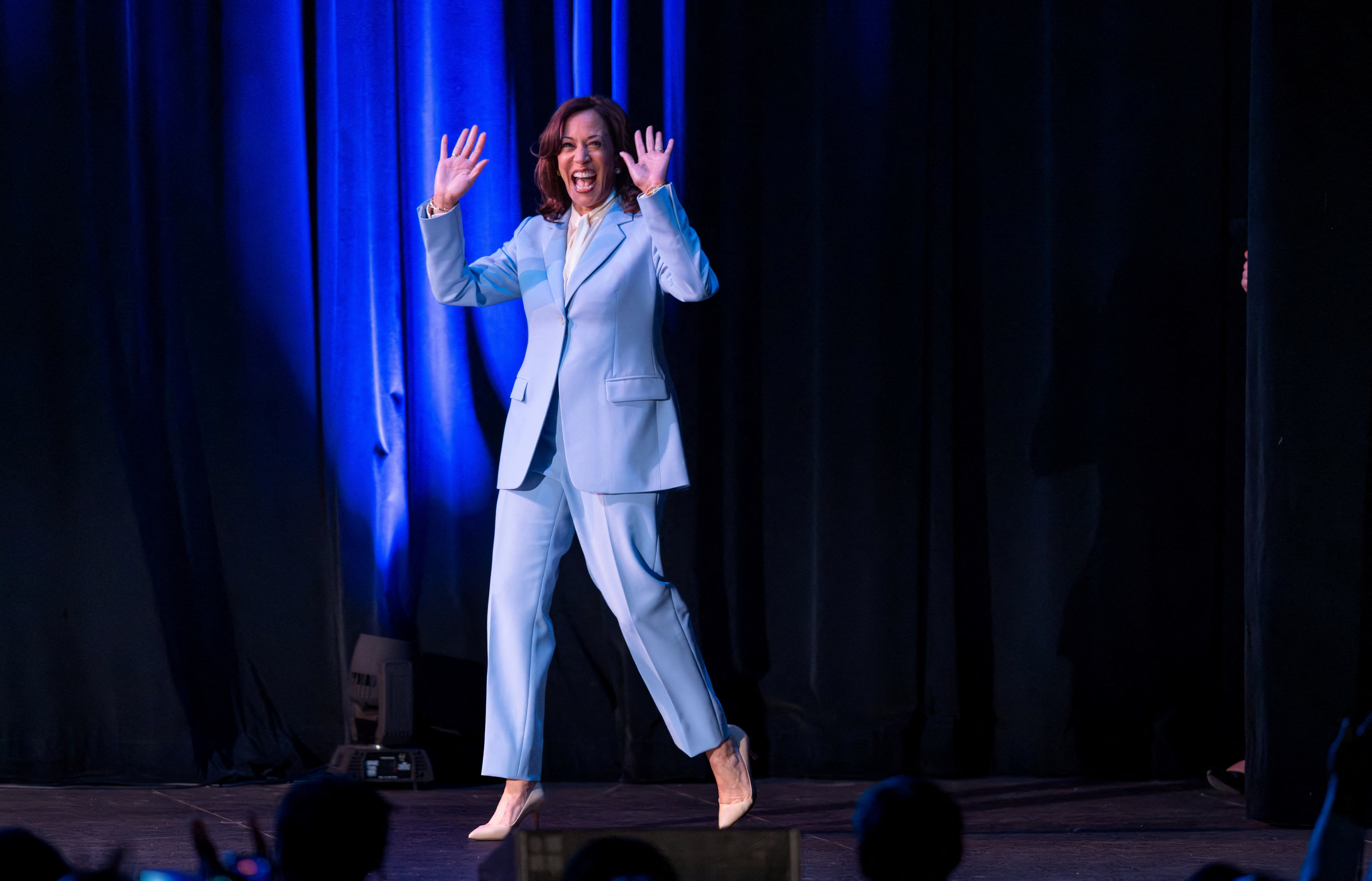 Former US Vice President Kamala Harris, who was the Democratic Party's nominee for the presidency in 2024, reacts during a stop on her book tour in Columbia, South Carolina, U.S. April 16, 2026. [Sam Wolfe/Reuters]