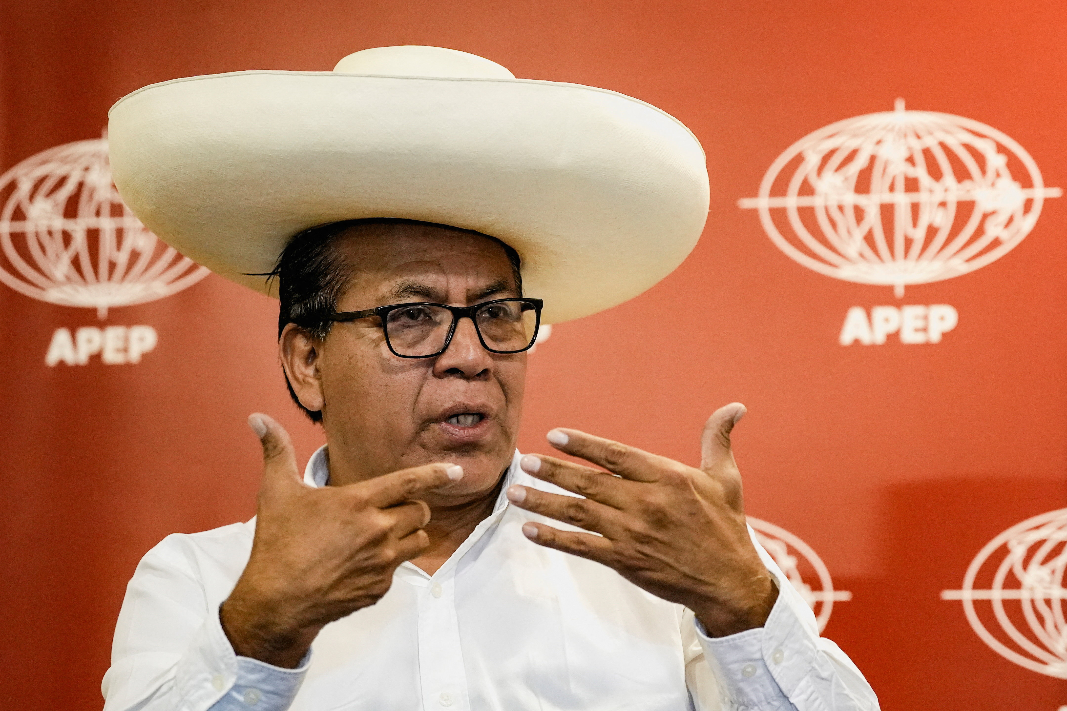 Left-wing presidential candidate Roberto Sanchez, who is expected to face right-wing presidential candidate Keiko Fujimori in a runoff in June, addresses the media in Lima, Peru, April 30, 2026.