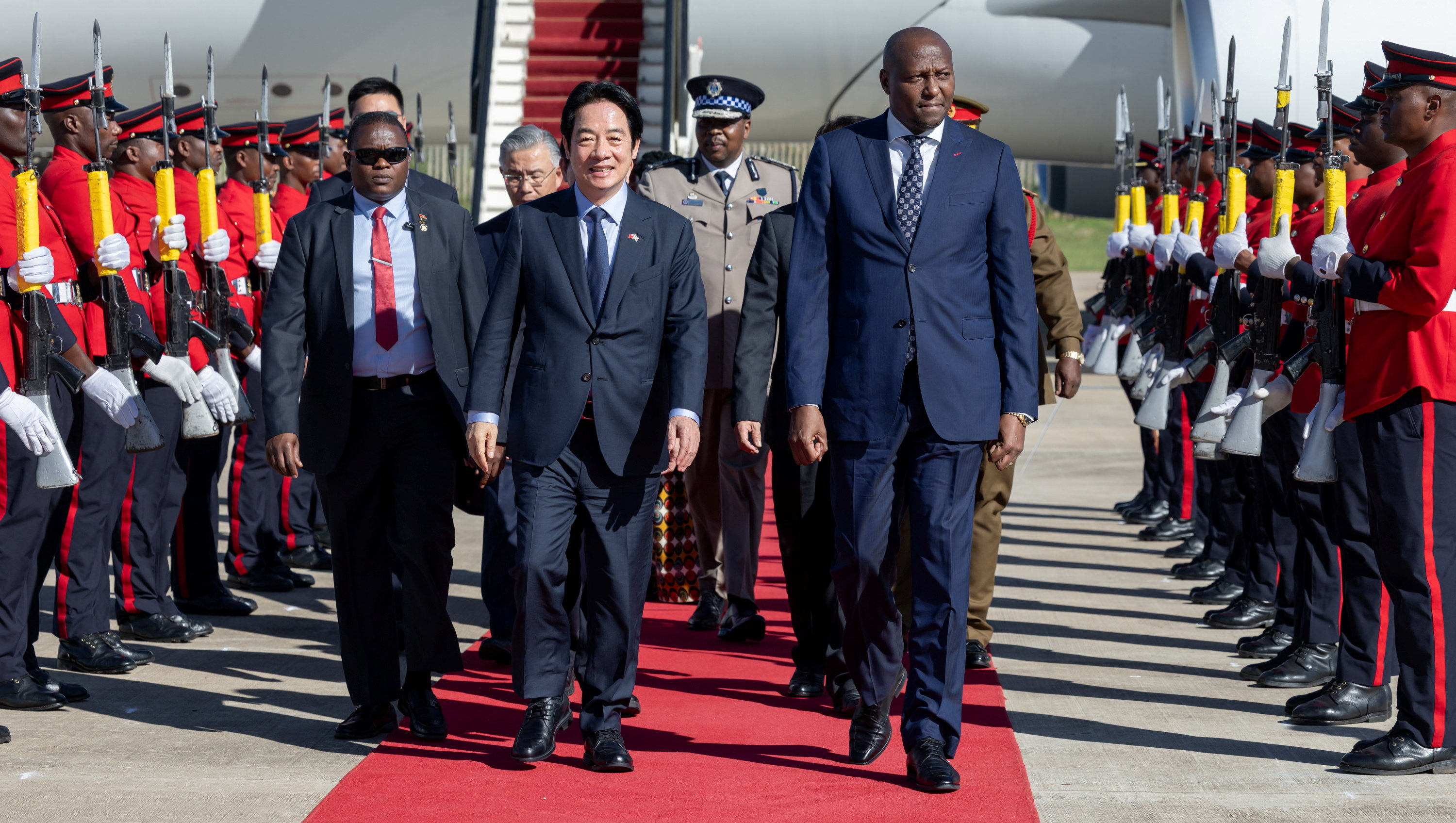 Taiwan President Lai Ching-te walks with Eswatini Prime Minister Russell Mmiso Dlamini upon arriving in Eswatini, May 2, 2026. Taiwan Presidential 