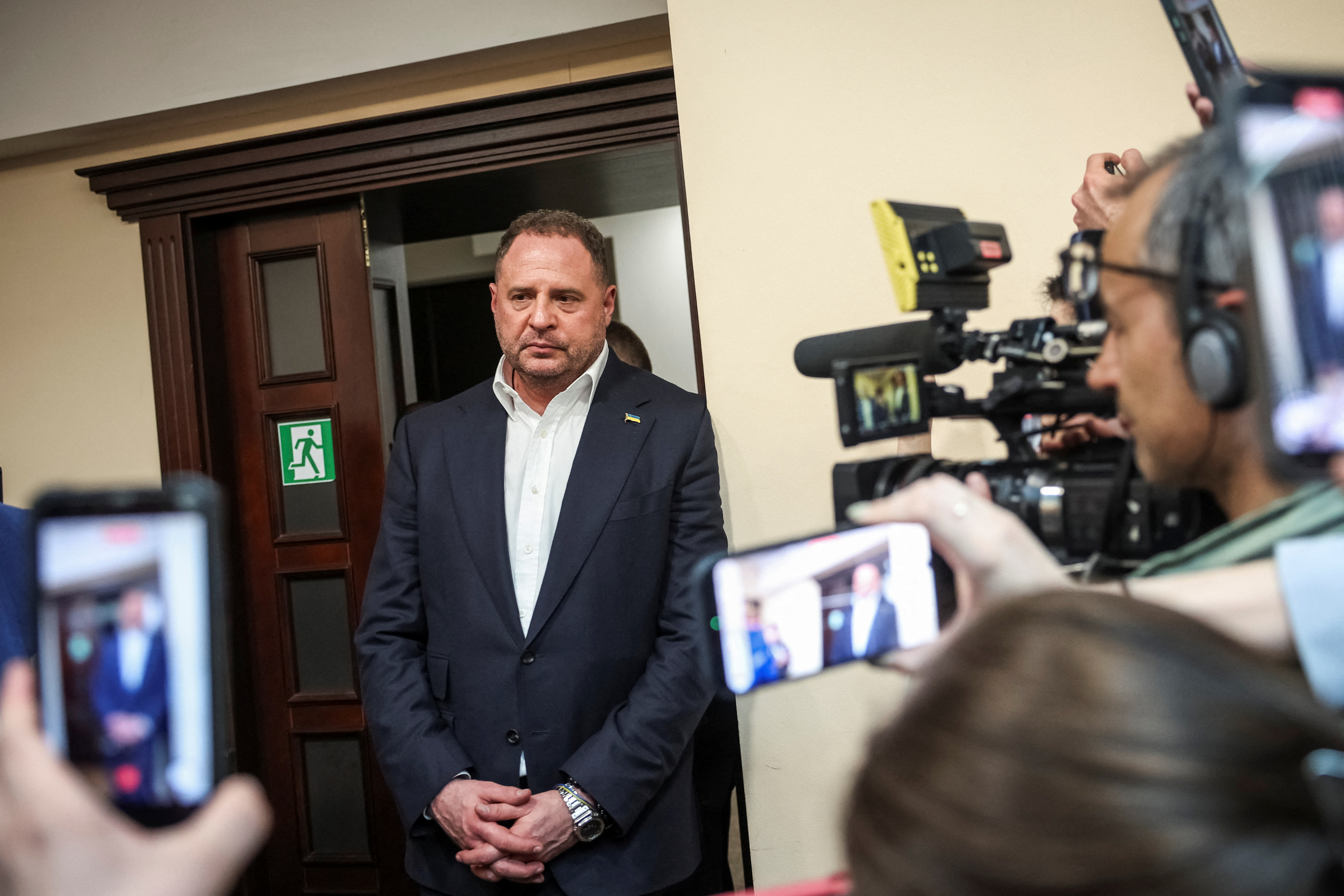 Former Head of the Presidential Office Andriy Yermak, who according to the National Anti-Corruption Bureau of Ukraine is a suspect in a corruption probe, appears at court for a hearing on the choice of a preventive measure, amid Russia’s attack on Ukraine, in Kyiv, Ukraine, May 12, 2026.