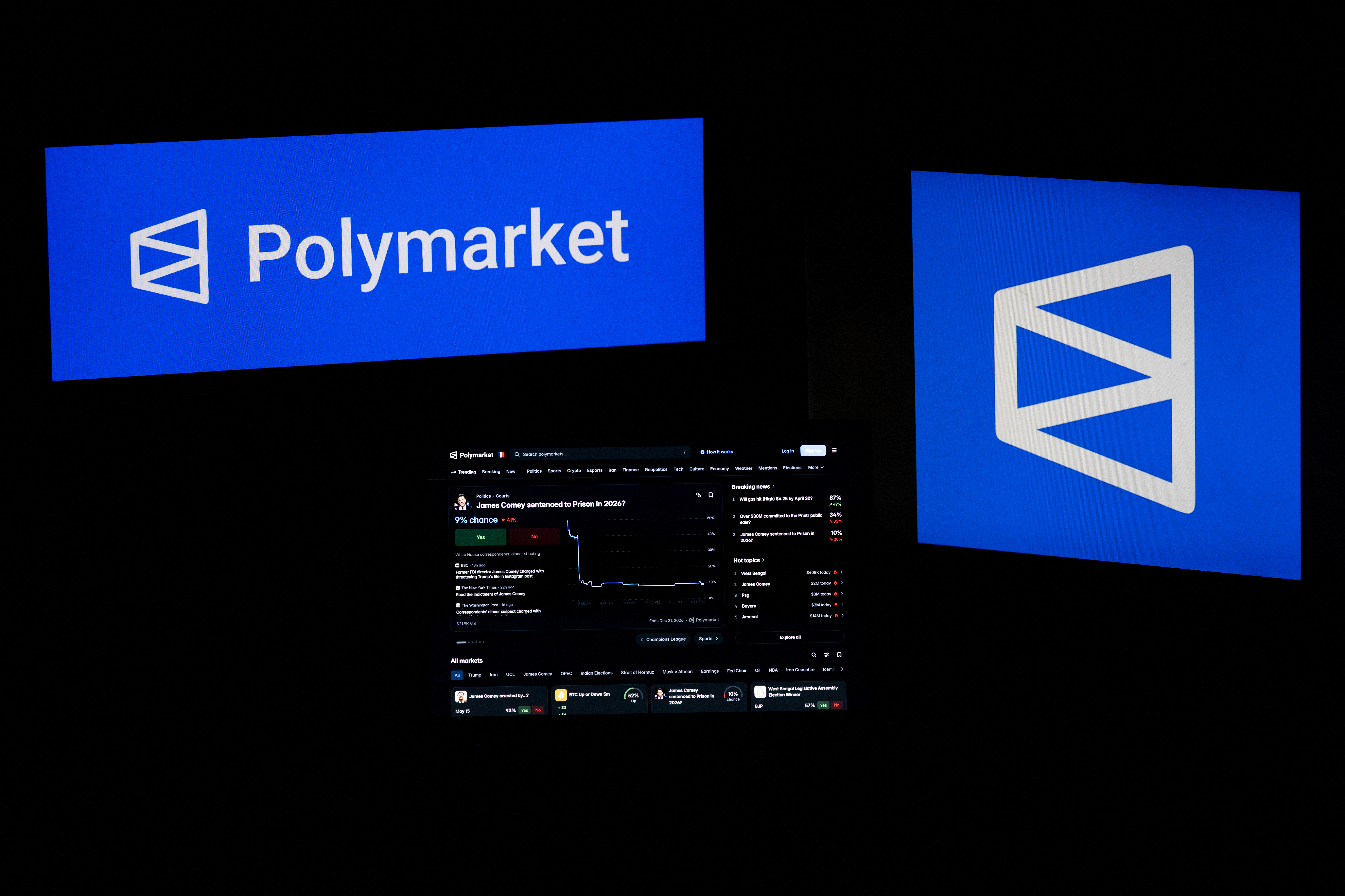 This photograph shows set up screens displaying the logo and home page of US cryptocurrency based prediction market platform Polymarket, in Saint-Mande, east of Paris, on April 29, 2026. [Martin Leleivre / AFP]