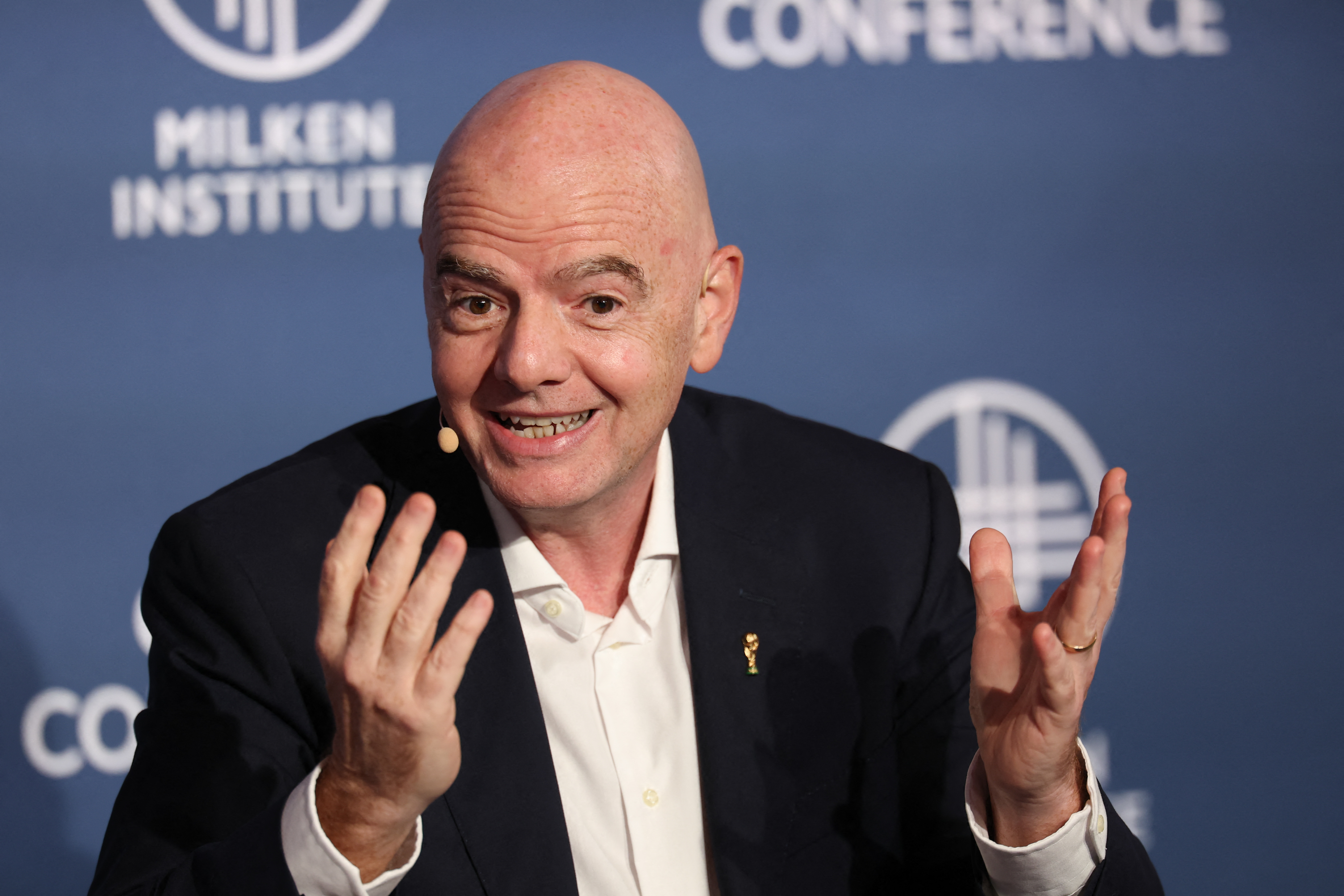 FIFA President Gianni Infantino speaks during the 29th annual Milken Institute Global Conference at the Beverly Hilton in Beverly Hills, California on May 5, 2026. (Photo by Patrick T. Fallon / AFP)