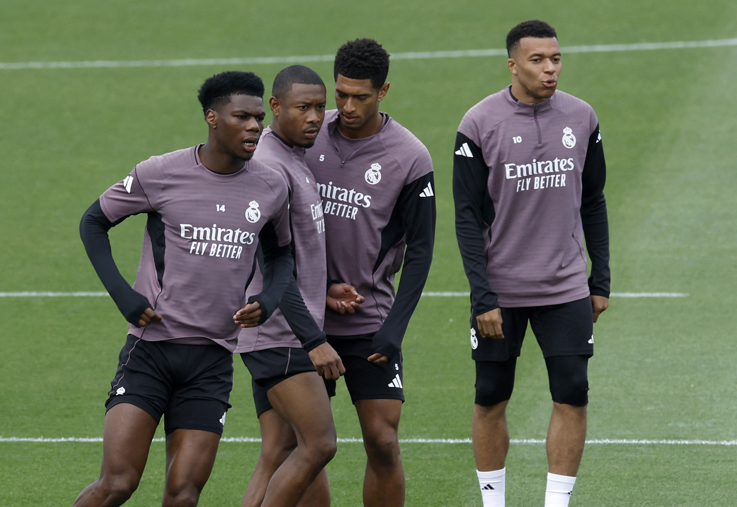 (from L) Real Madrid's French midfielder #14 Aurelien Tchouameni, Real Madrid's Austrian defender #04 David Alaba, Real Madrid's English midfielder #05 Jude Bellingham and Real Madrid's French forward #10 Kylian Mbappe attend a training session on the eve of the Spanish league football match between FC Barcelona and Real Madrid CF, at Real Madrid Sports City in Valdebebas, in the outskirts of Madrid, on May 9, 2026. (Photo by OSCAR DEL POZO / AFP)