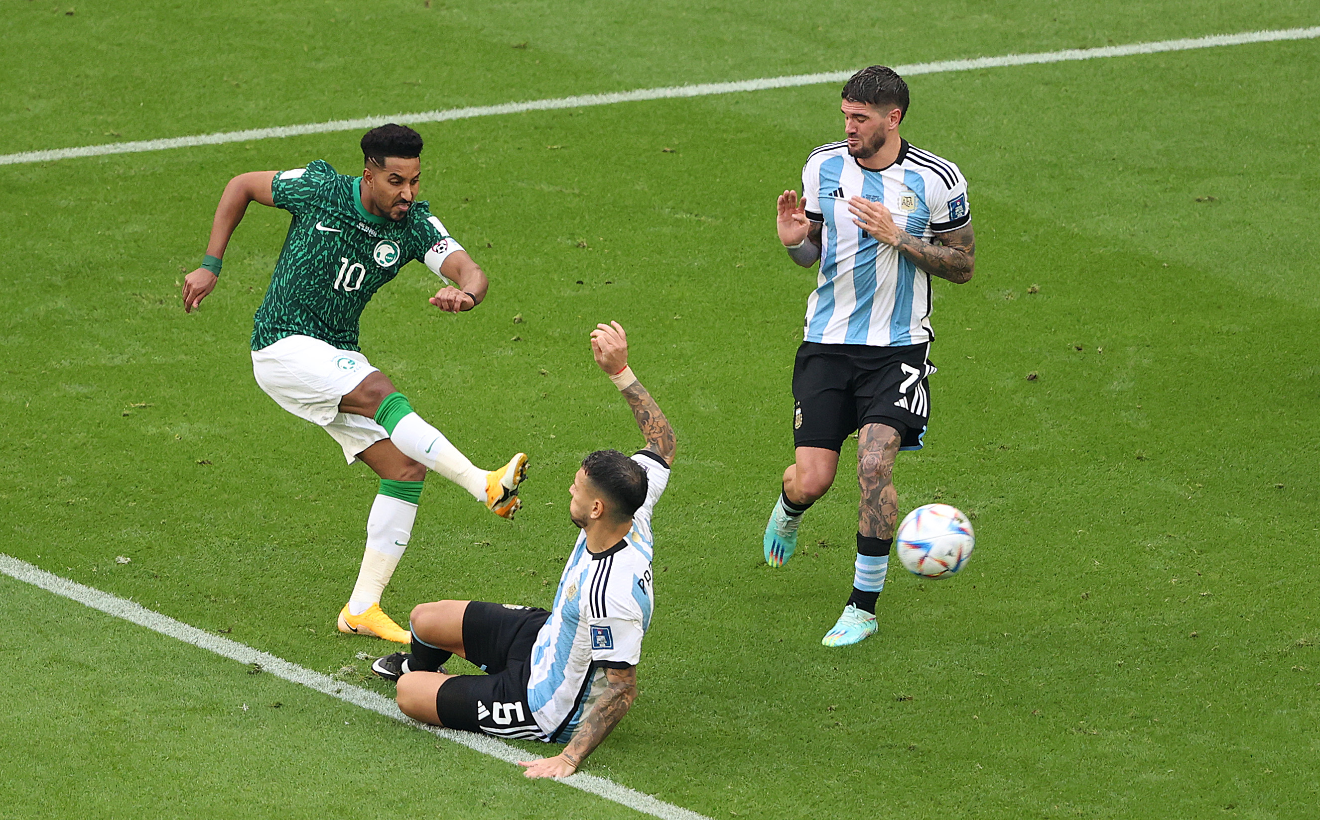 Salem al-Dawsari of Saudi Arabia scores the winning goal against Argentina in their FIFA World Cup Qatar 2022 Group C match at Lusail Stadium on November 22, 2022 in Lusail City, Qatar