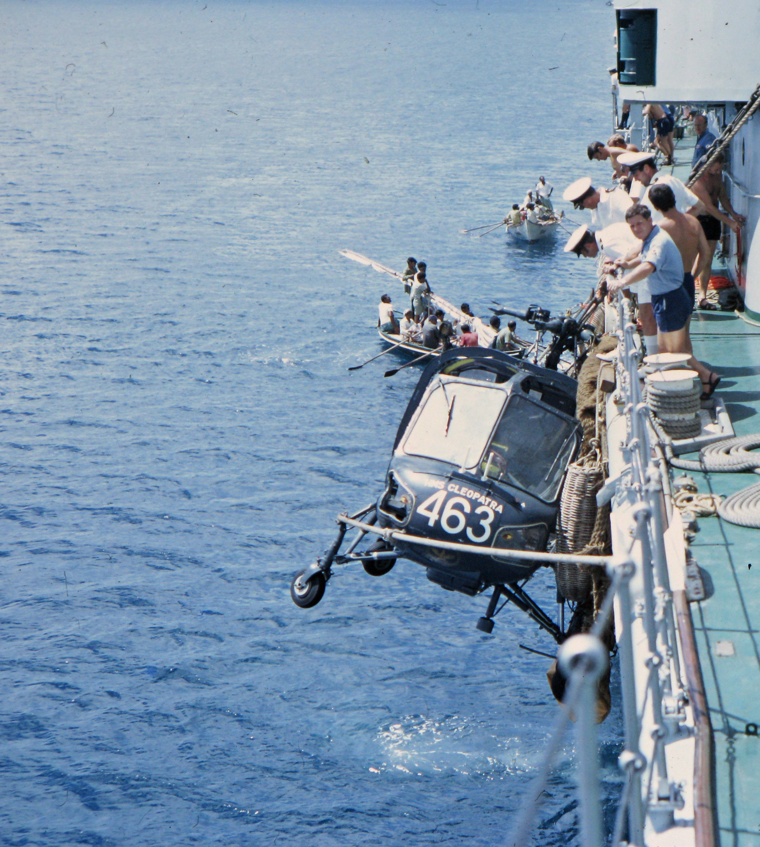 HMS Cleopatra's Wasp helicopter, No.463, encountered an engine failure at high altitude during the blockade on the Port du Beira in 1971. A crash landing occurred at sea and the aircraft was recovered. [File image.] 