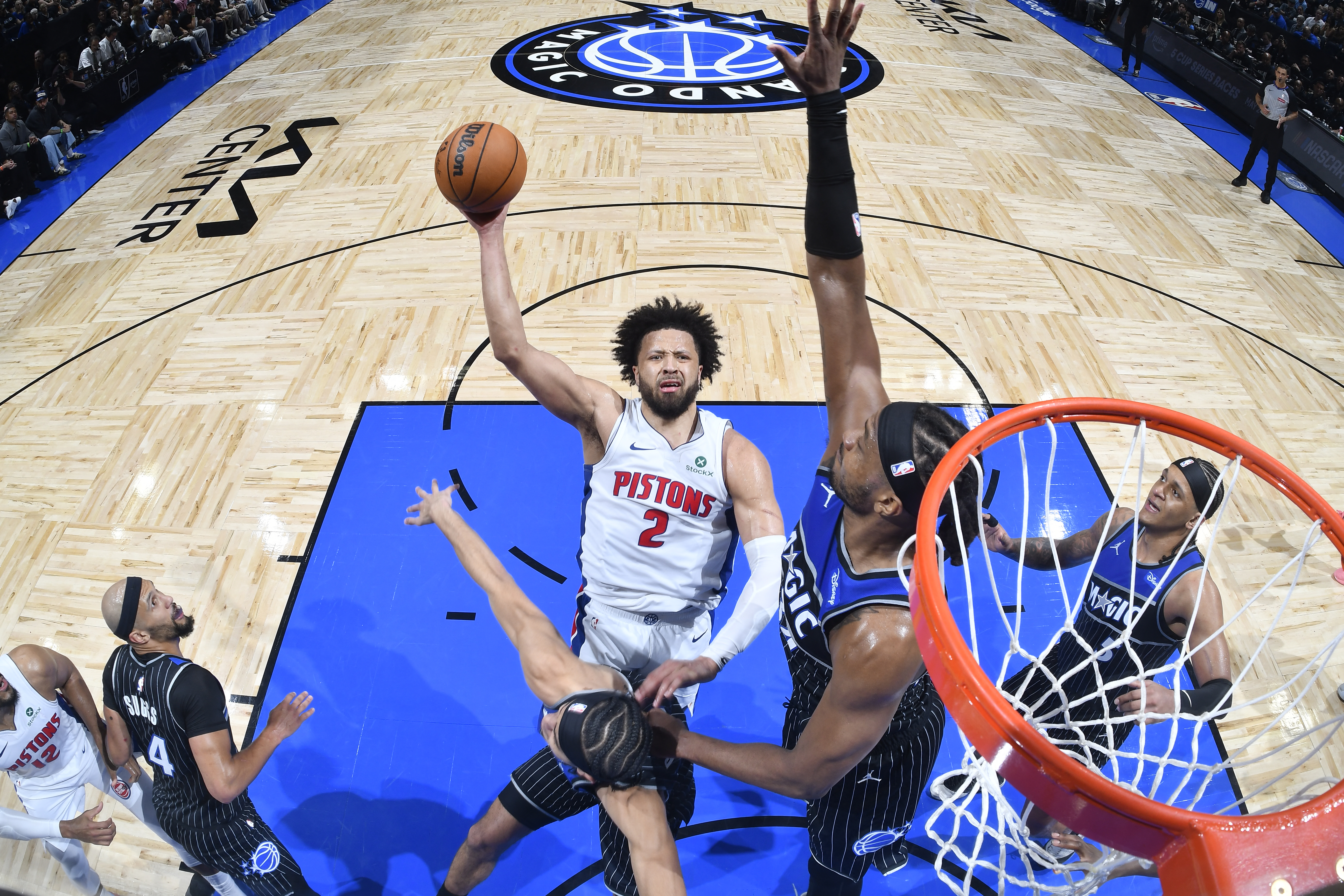 Cade Cunningham of the Detroit Pistons drives to the basket during the game against the Orlando Magic
