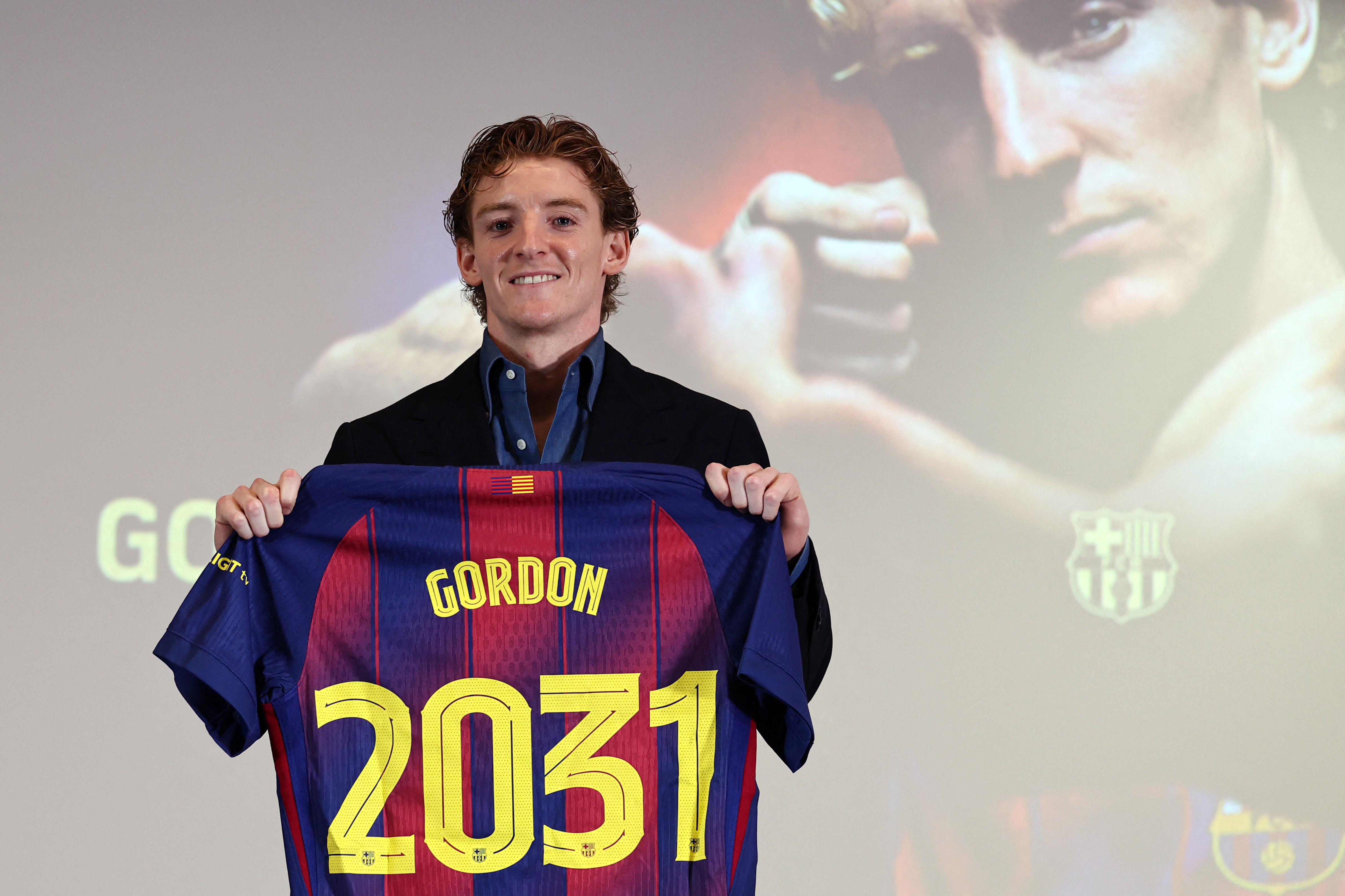 English player Anthony Gordon poses during his official presentation as a new player of FC Barcelona at Palau Blaugrana Arena in Barcelona, on May 29, 2026 [AFP]